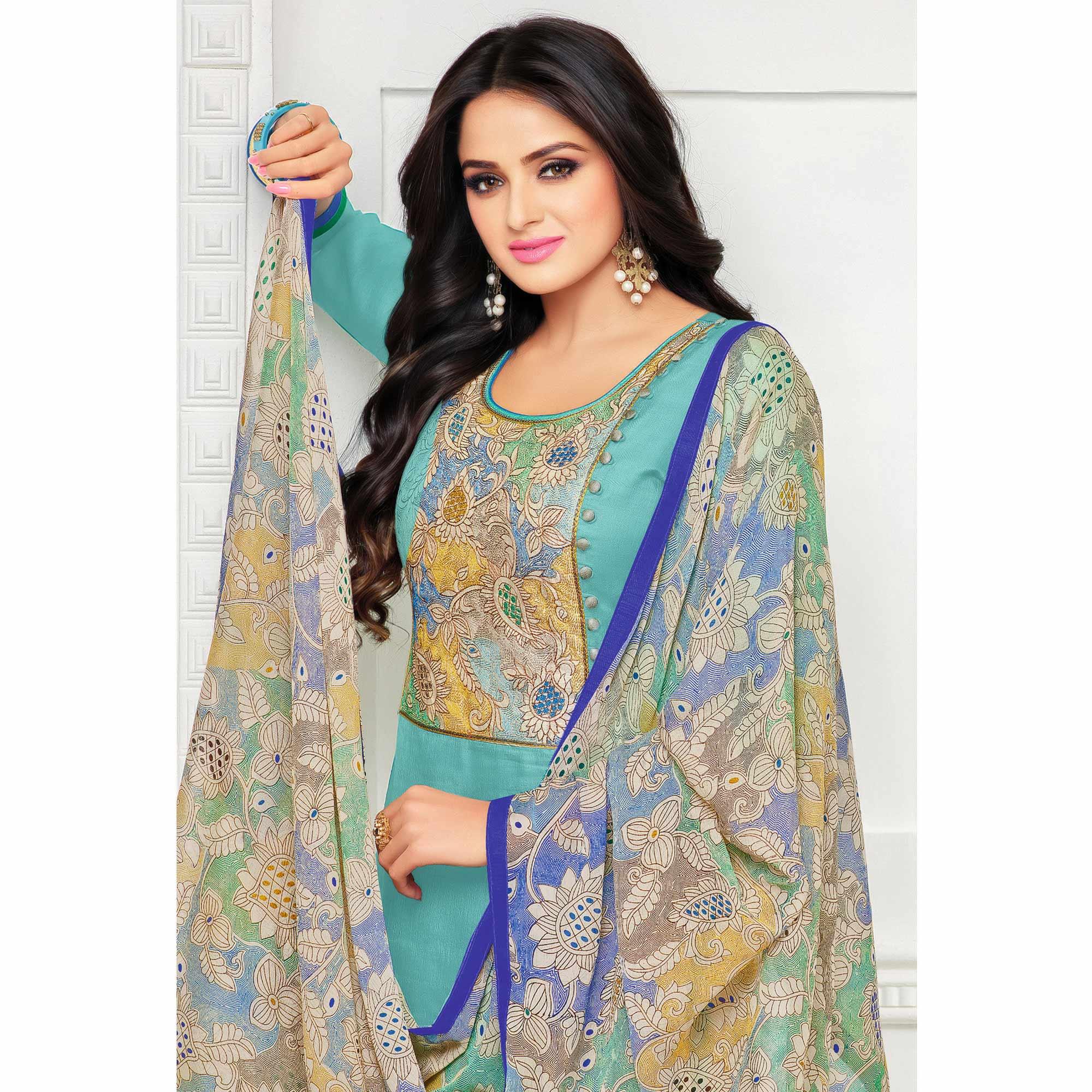 Exotic Turquoise Blue Colored Casual Wear Printed Chanderi Dress Material - Peachmode