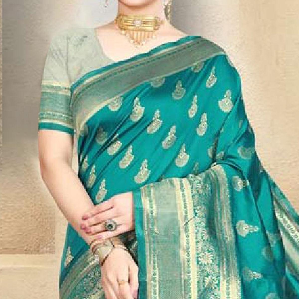 Exotic Turquoise Green Colored Festive Wear Woven Art Silk Saree - Peachmode