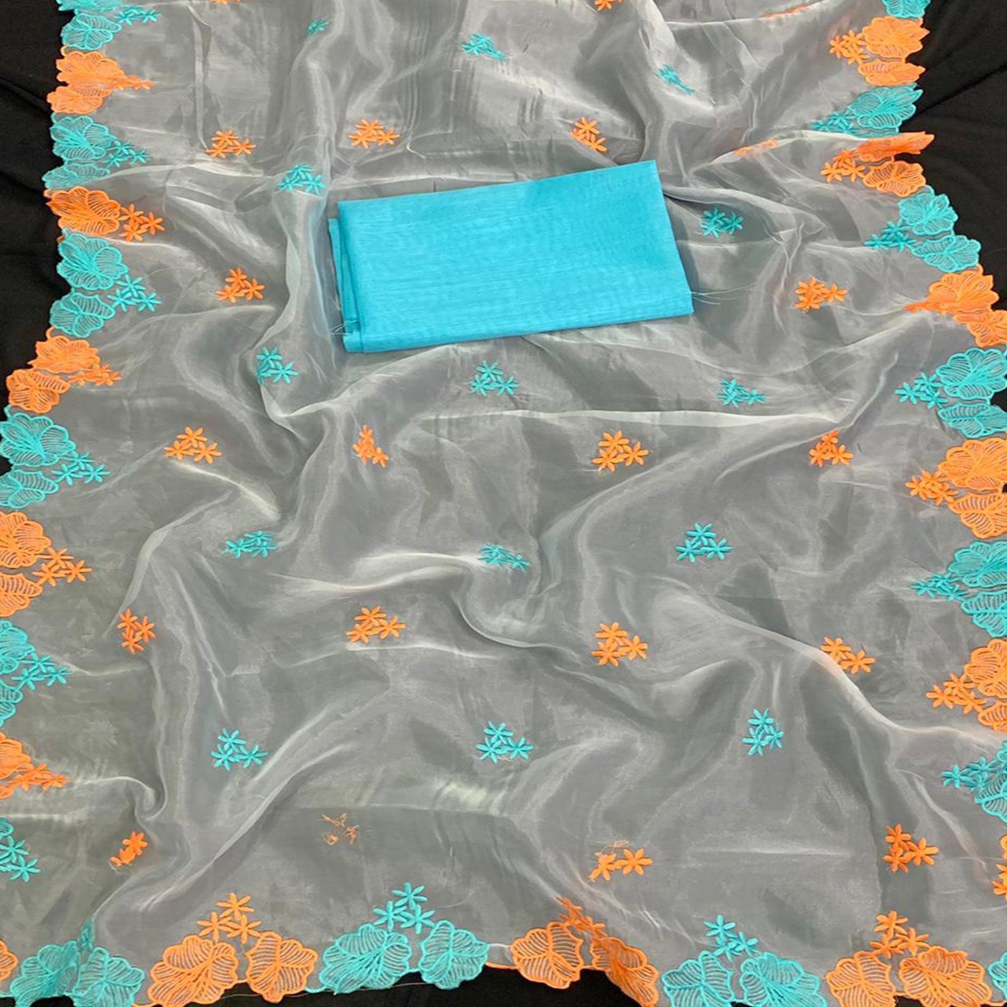 Exotic White - Blue Colored Partywear Embroidered Pure Organza Saree - Peachmode