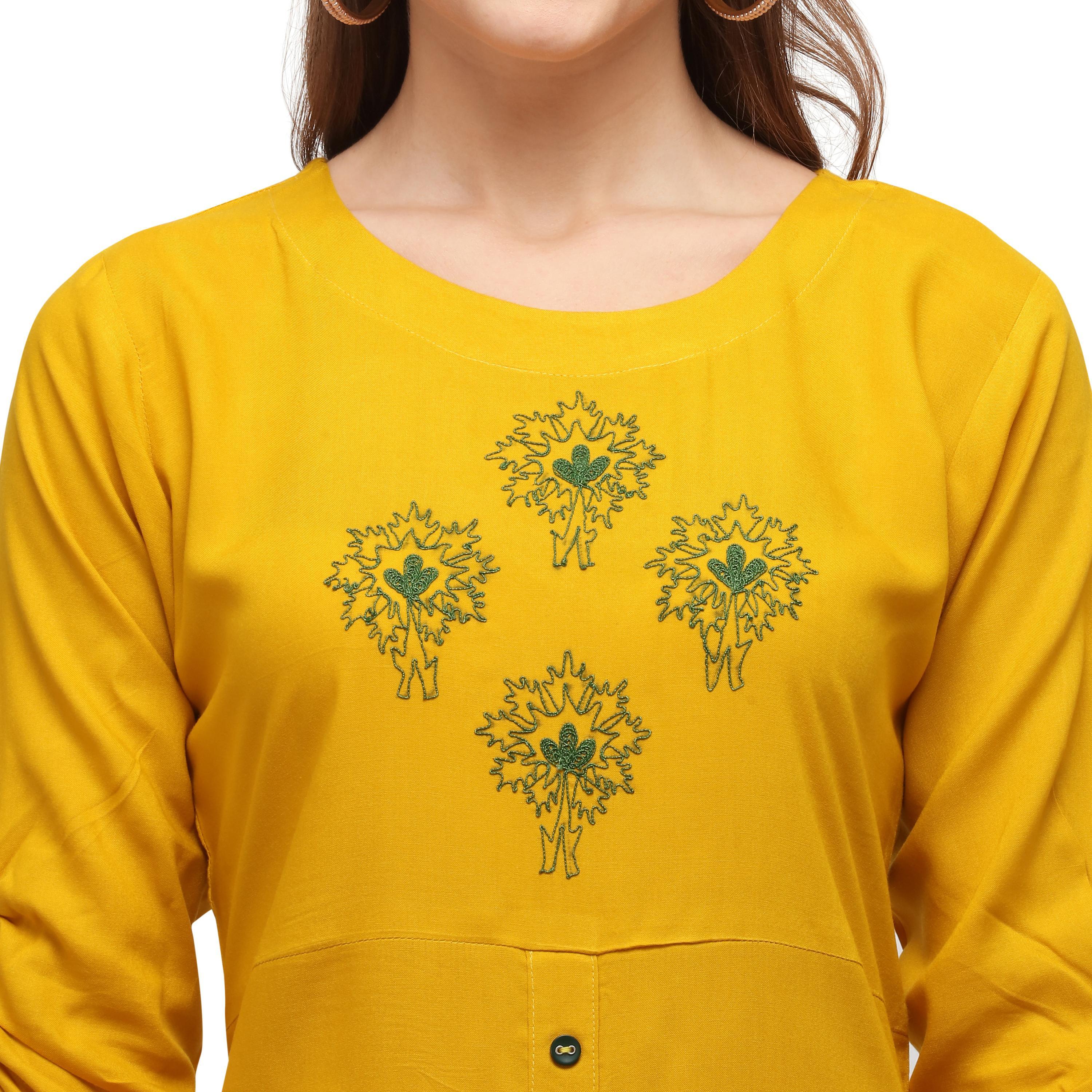 Exotic Yellow Colored Casual Wear Embroidered Rayon Kurti With Palazzo - Peachmode