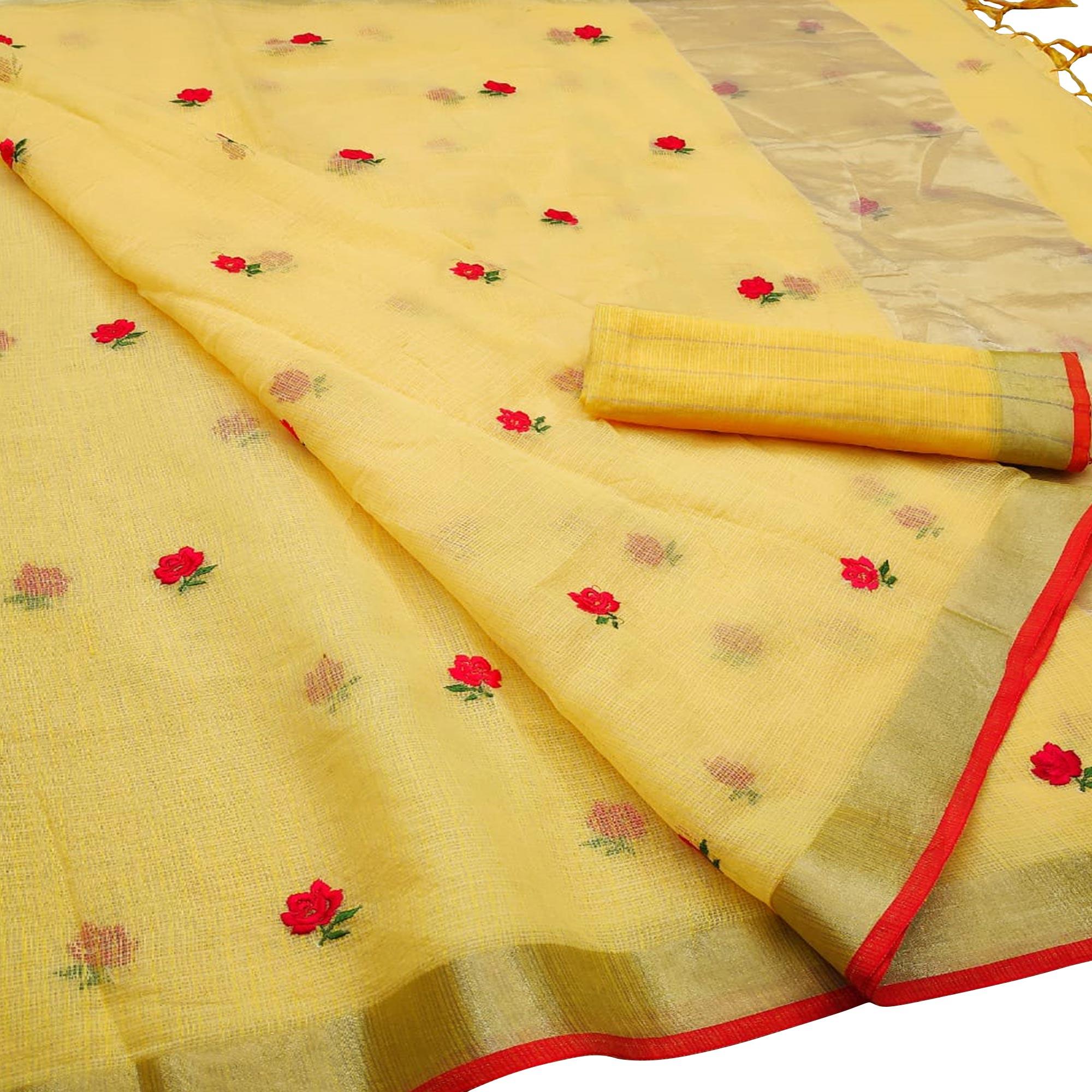 Exotic Yellow Colored Casual Wear Floral Embroidered Silk Saree With Tassels - Peachmode