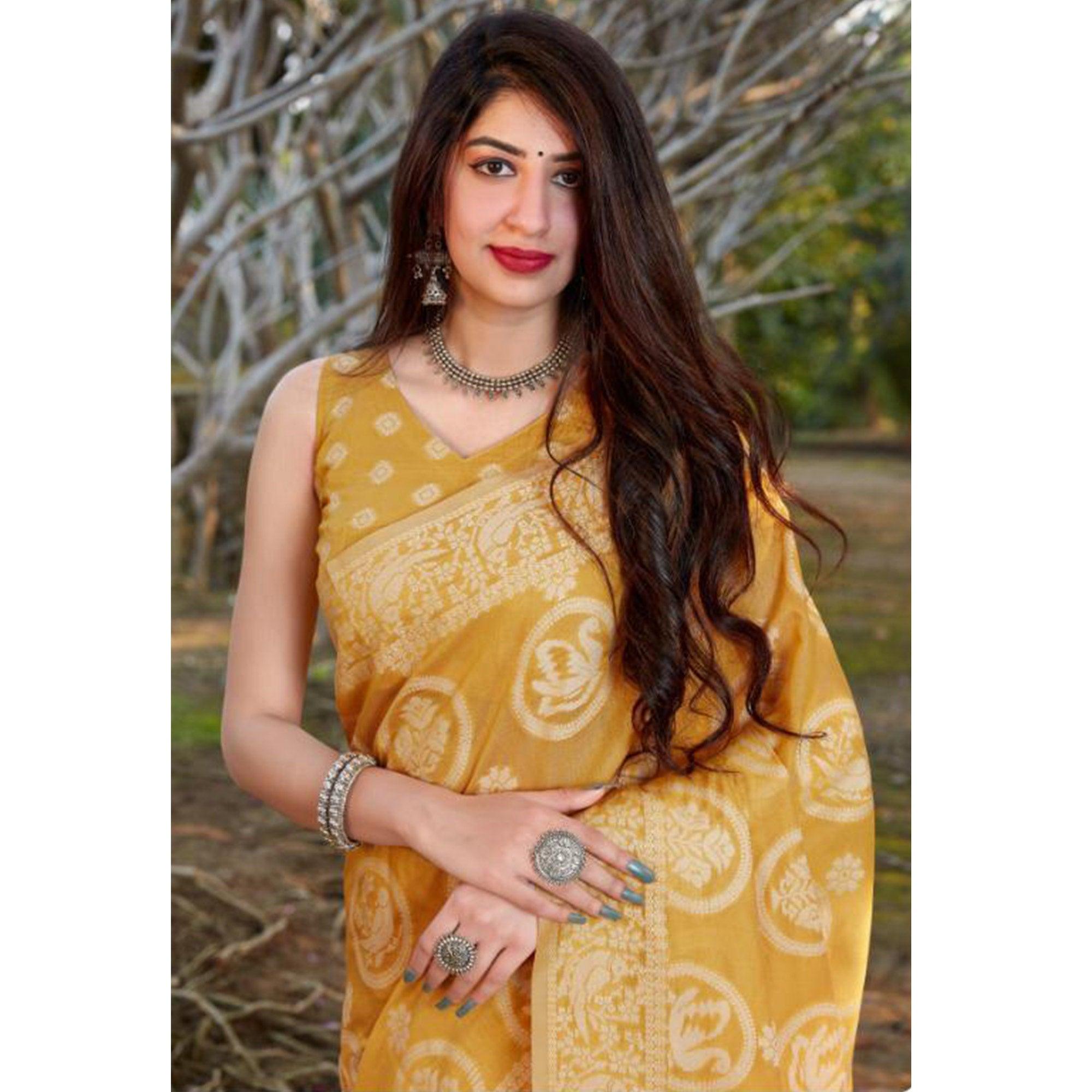 Exotic yellow Coloured Casual Wear Printed Lakhnavi Cotton Silk - Peachmode