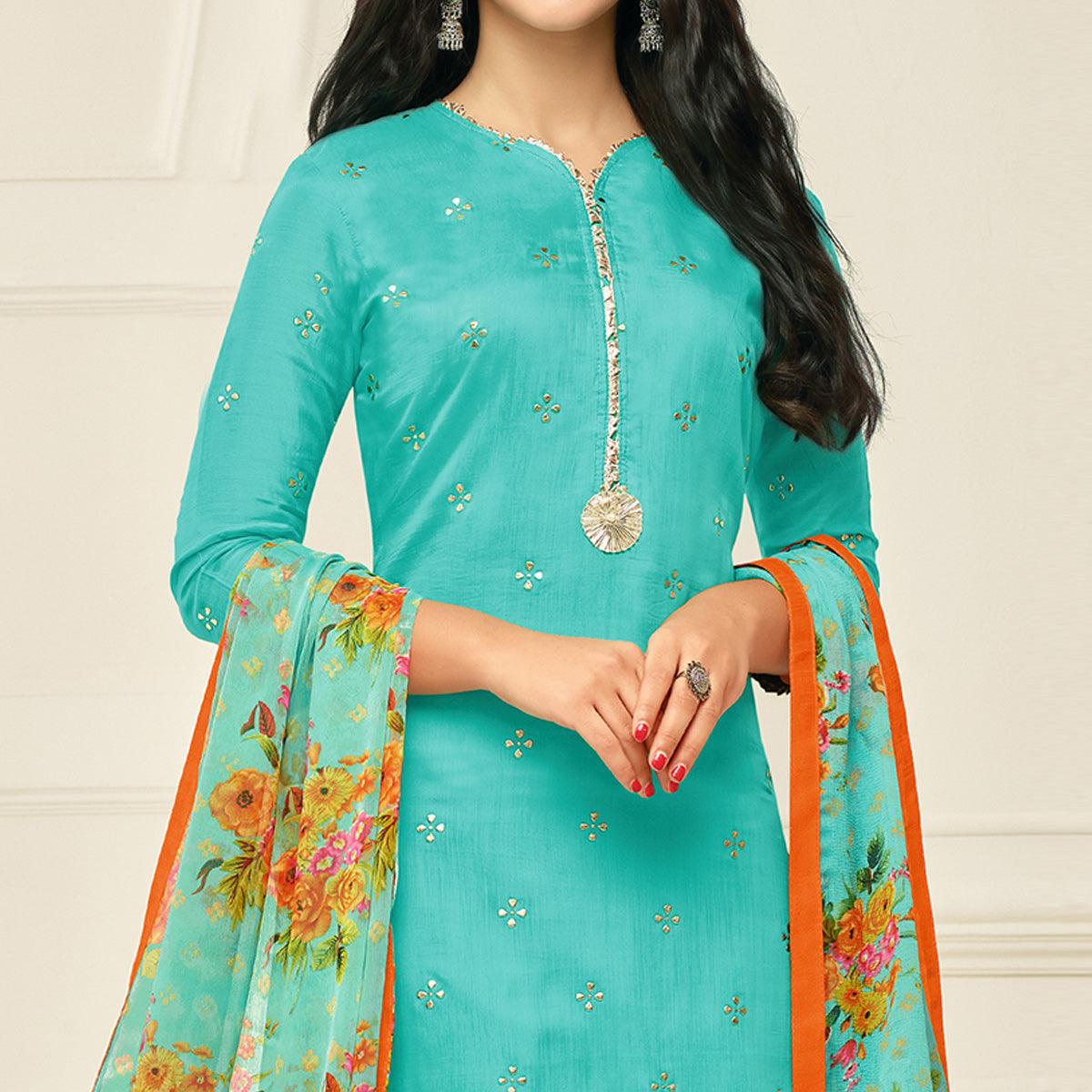 Eye-catching Aqua Blue Colored Casual Wear Embroidered Chanderi Dress Material - Peachmode