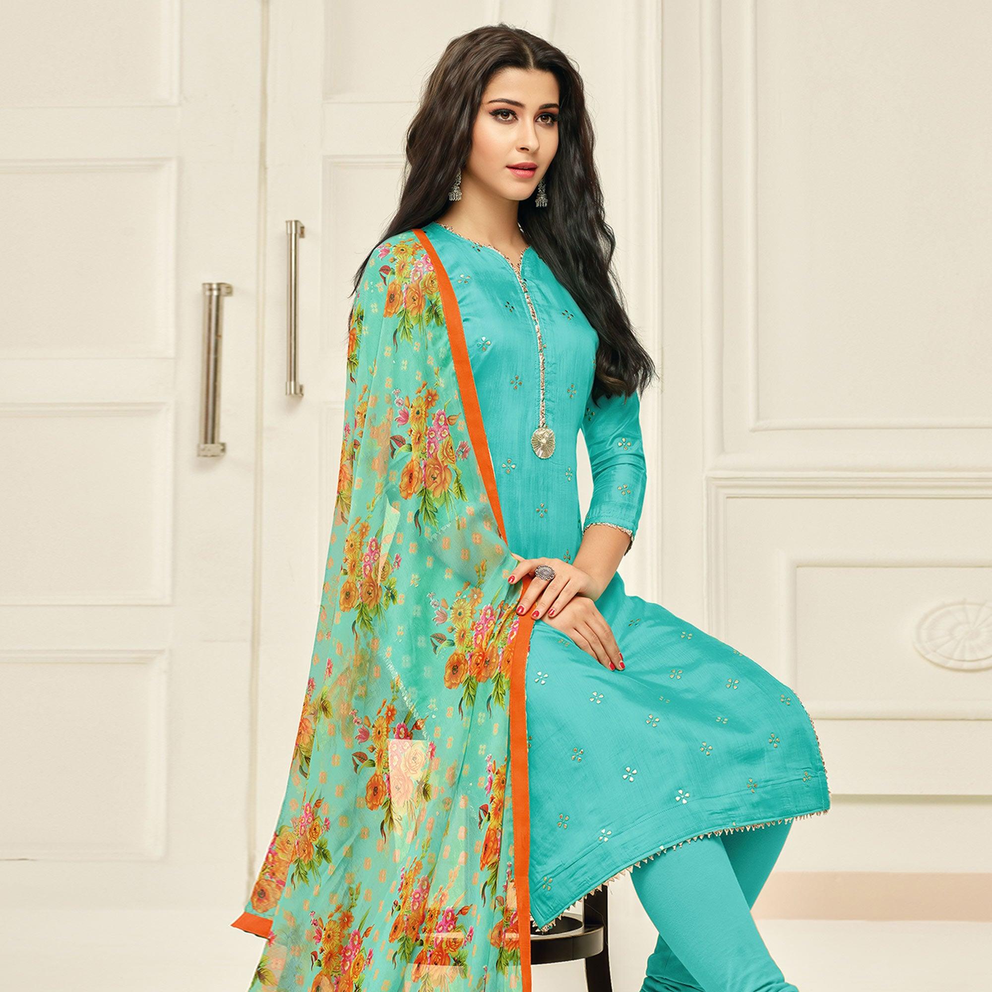 Eye-catching Aqua Blue Colored Casual Wear Embroidered Chanderi Dress Material - Peachmode
