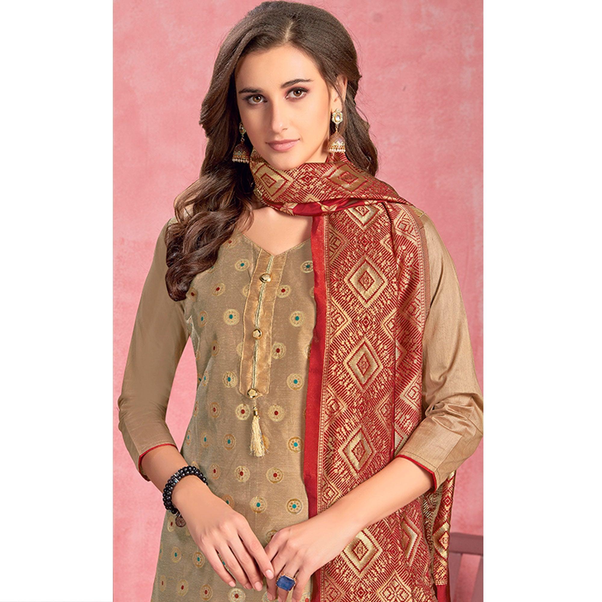 Eye-catching Beige Colored Casual Embroidered Pure Cotton Dress Material - Peachmode