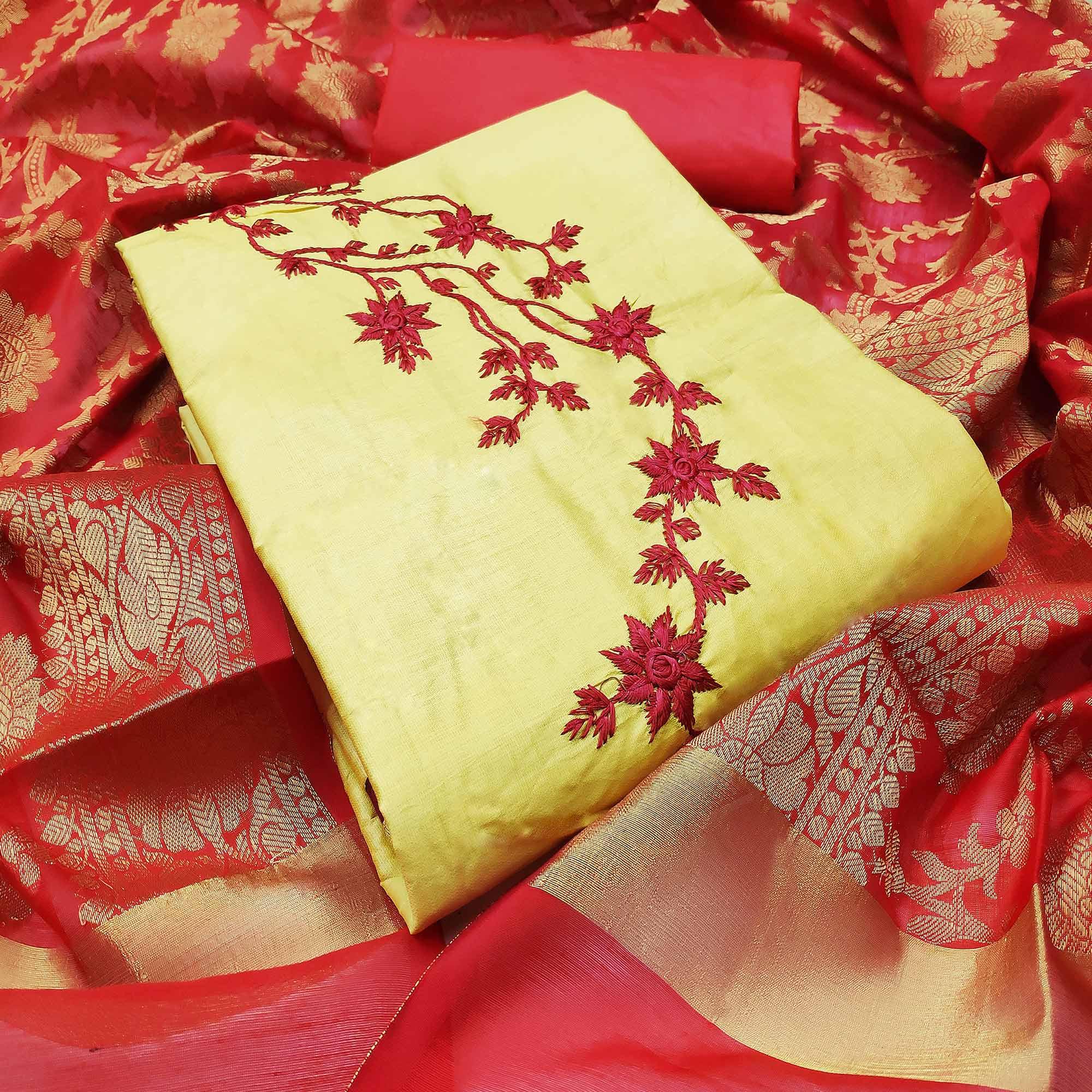 Eye-catching Beige Colored Casual Wear Embroidered Cotton Dress Material With Banarasi Silk Dupatta - Peachmode
