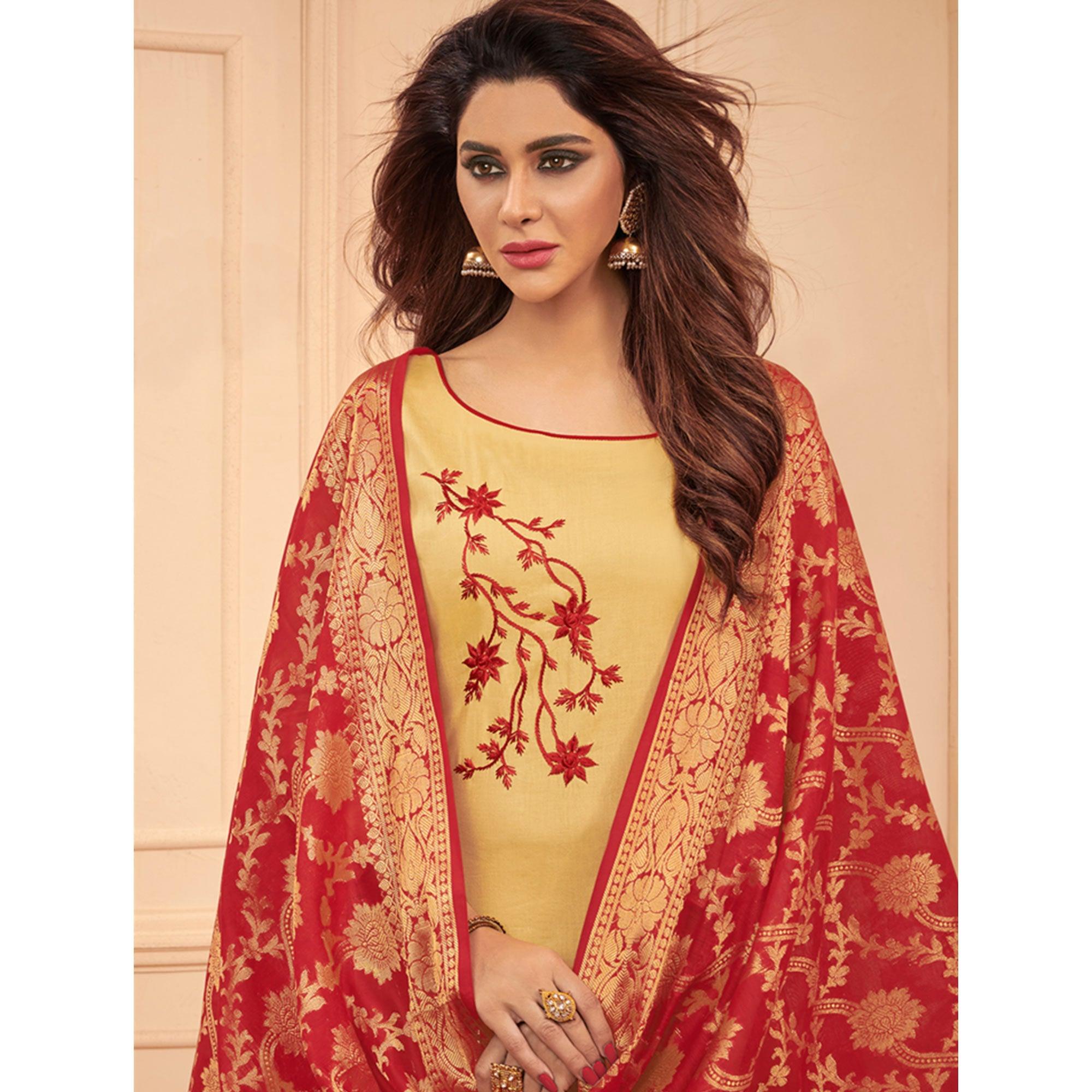 Eye-catching Beige Colored Casual Wear Embroidered Cotton Dress Material With Banarasi Silk Dupatta - Peachmode
