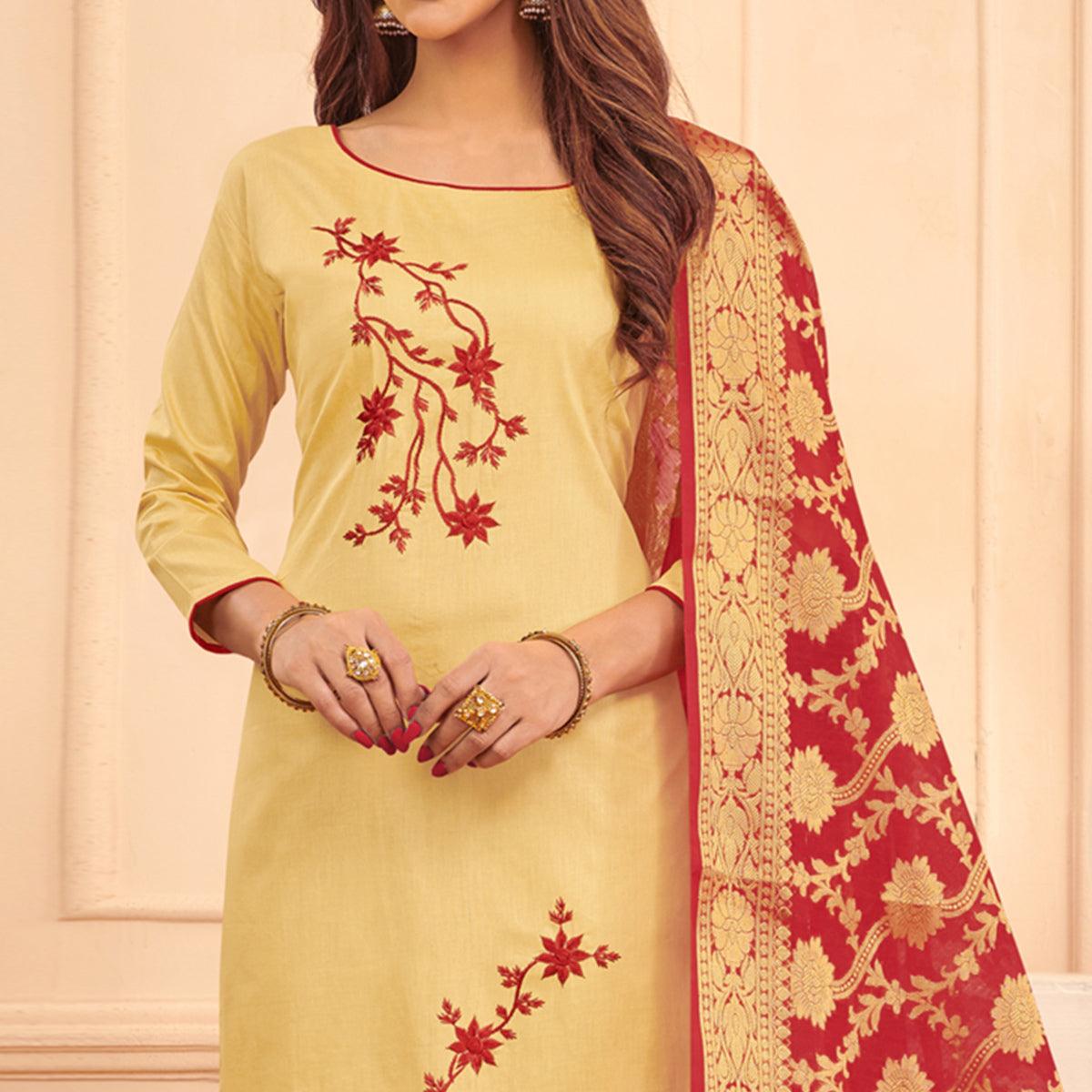 Eye-catching Beige Colored Casual Wear Embroidered Cotton Dress Material With Banarasi Silk Dupatta - Peachmode