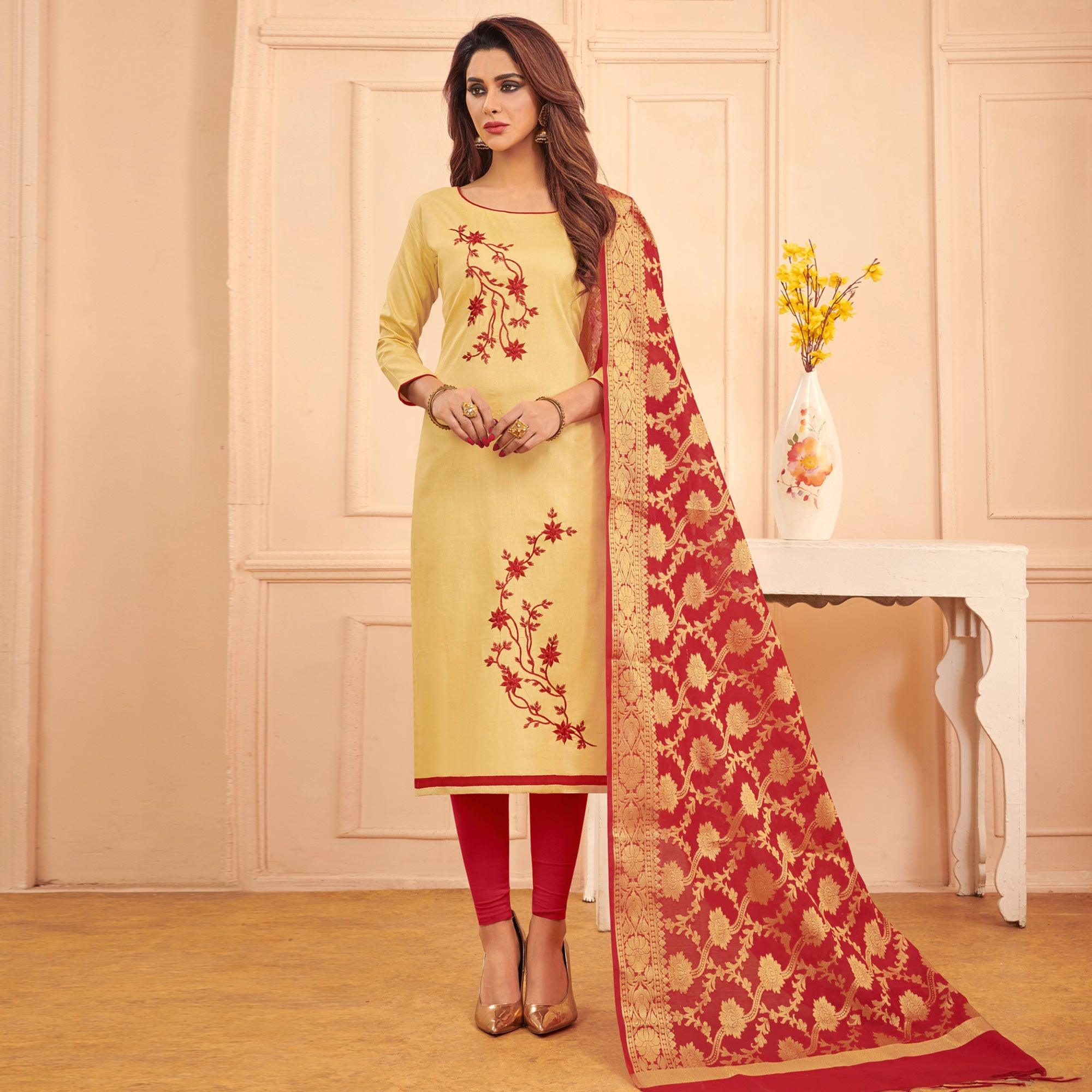 Eye-catching Beige Colored Casual Wear Embroidered Cotton Dress Material With Banarasi Silk Dupatta - Peachmode