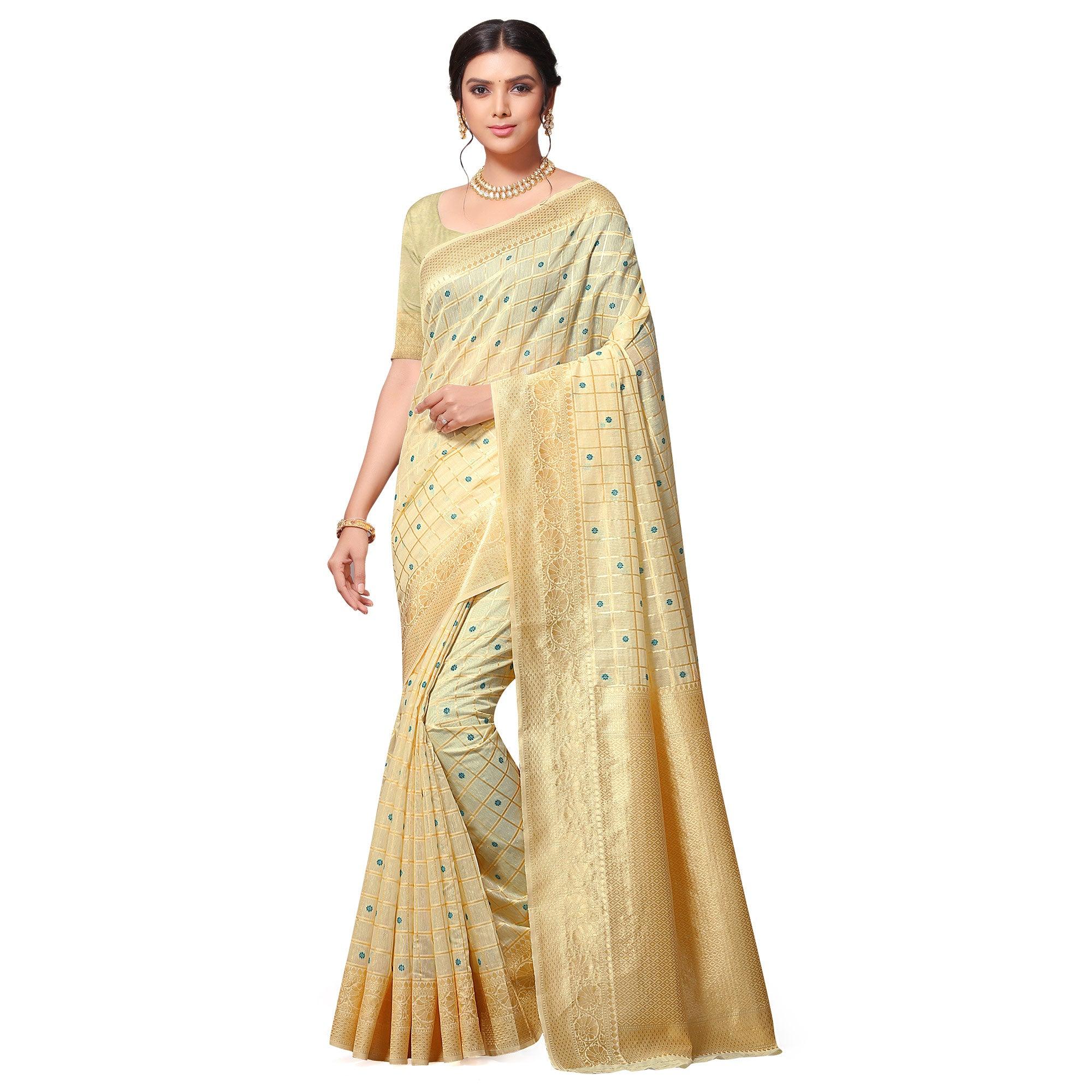 Eye-catching Beige Colored Festive Wear Woven Cotton-Art Silk Saree - Peachmode