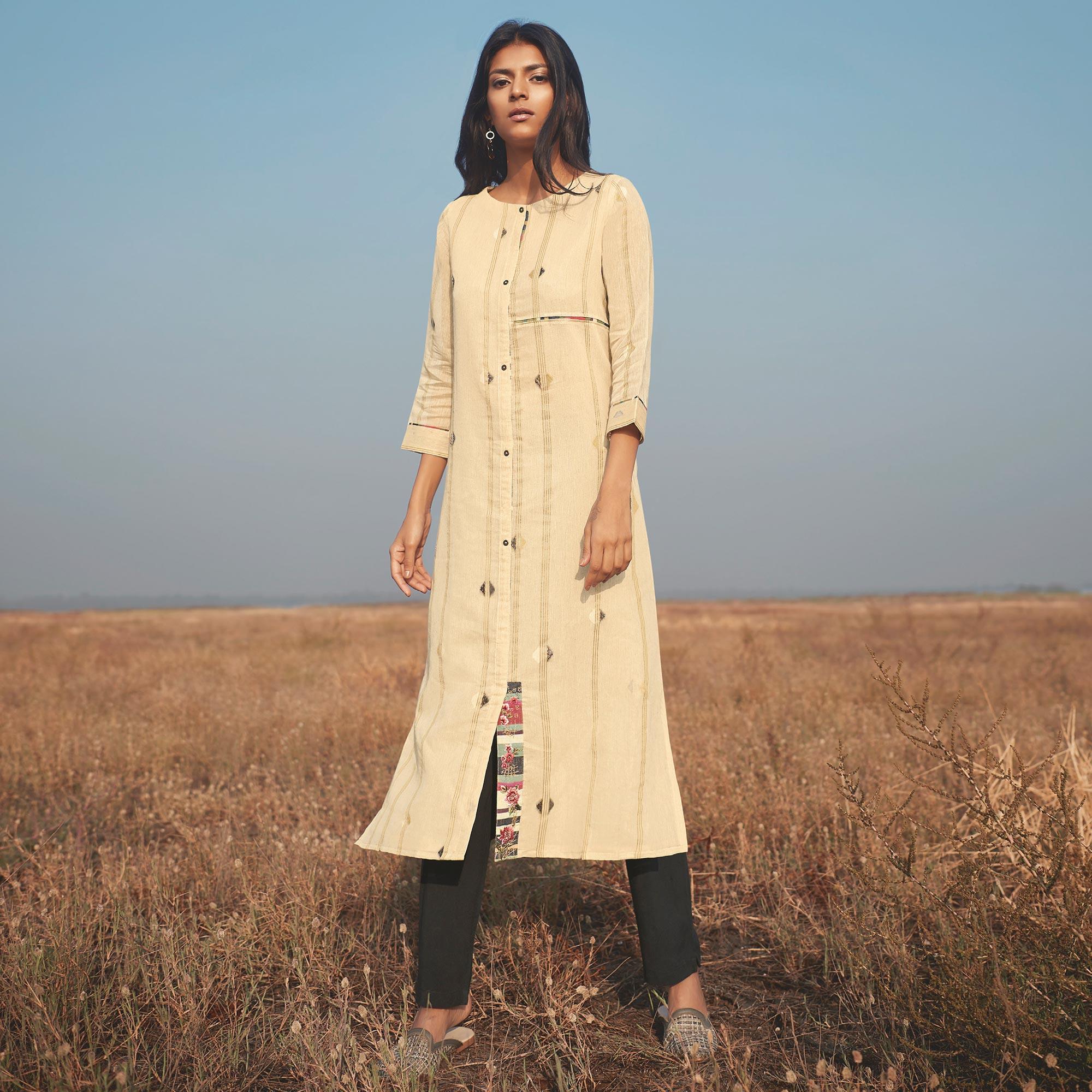 Eye-catching Beige Colored Party Wear Handwork Handloom Cotton Kurti-Pant Set - Peachmode