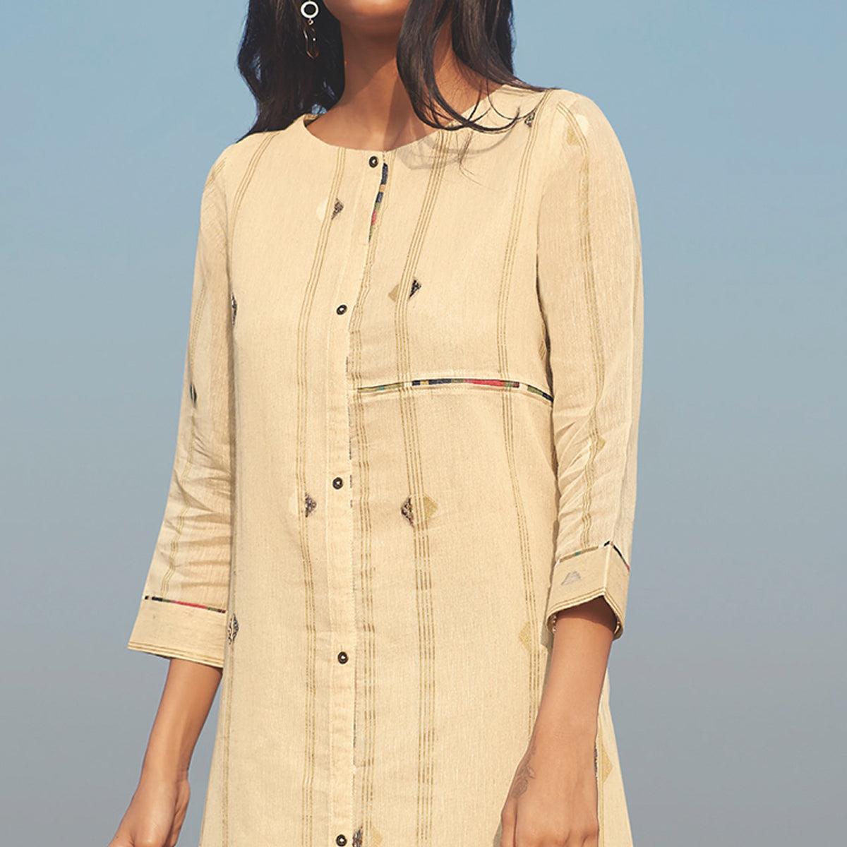 Eye-catching Beige Colored Party Wear Handwork Handloom Cotton Kurti-Pant Set - Peachmode