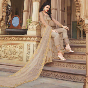 Eye-catching Beige Colored Partywear Embroidered Netted Anarkali With Dual Bottom - Peachmode