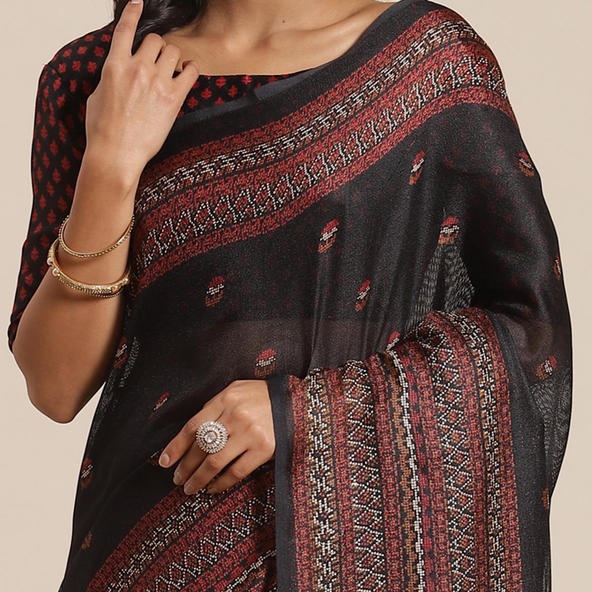 Eye-catching Black Colored Casual Wear Printed Jute Silk Saree - Peachmode