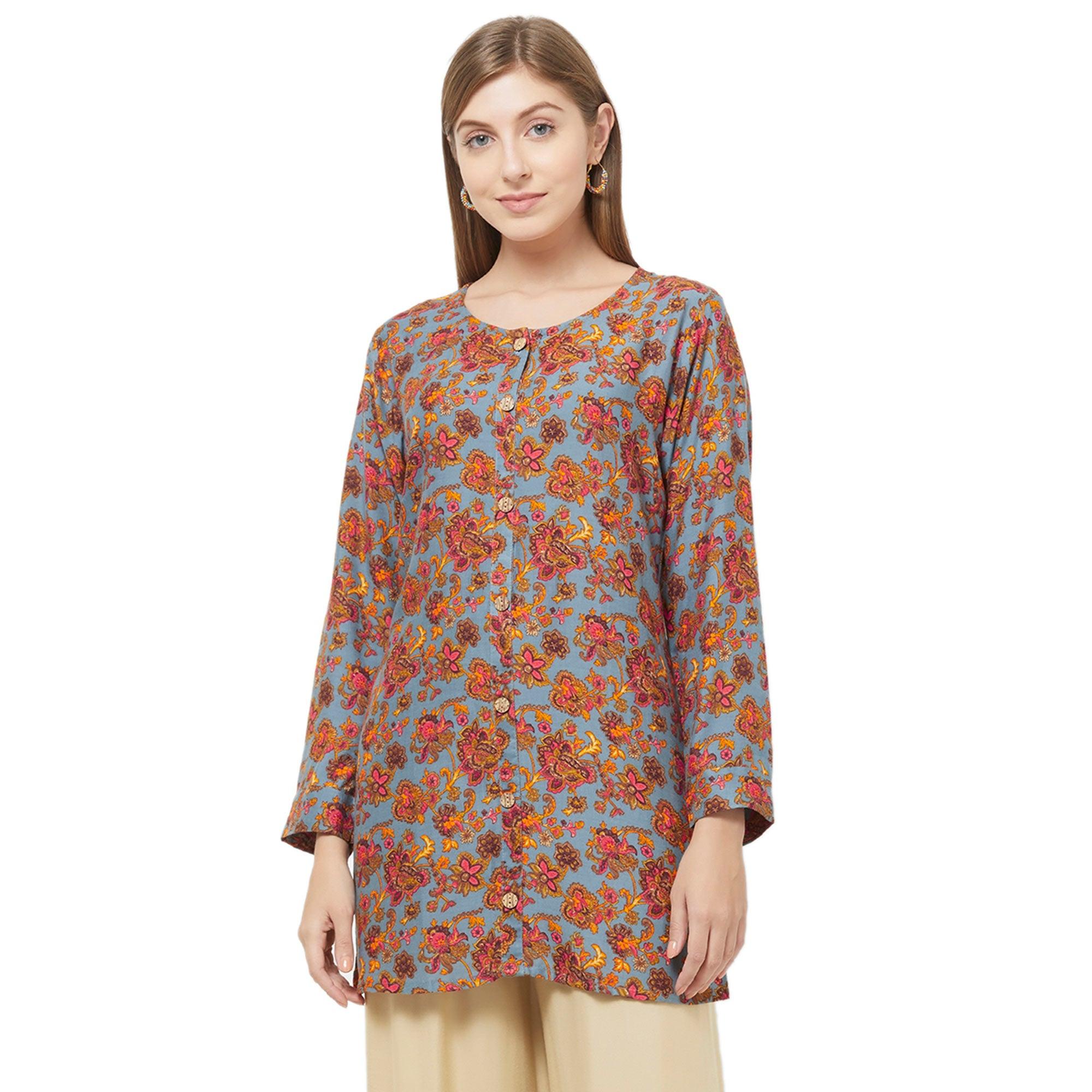 Eye-Catching Blue Colored Casual Printed Rayon Western Top - Peachmode