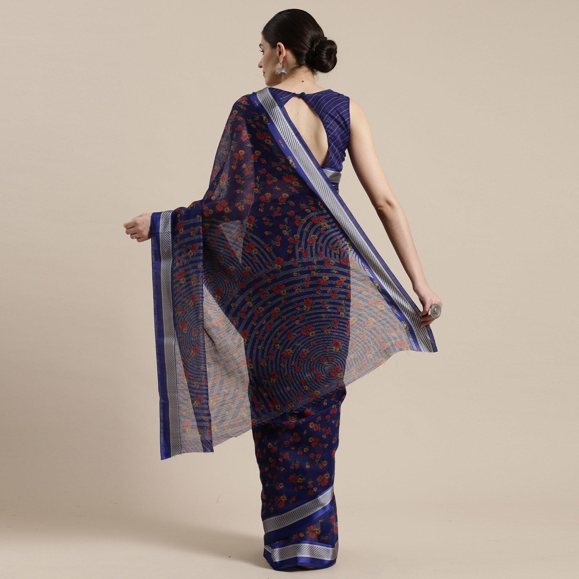 Eye-catching Blue Colored Casual Wear Floral Printed Cotton Silk Saree - Peachmode