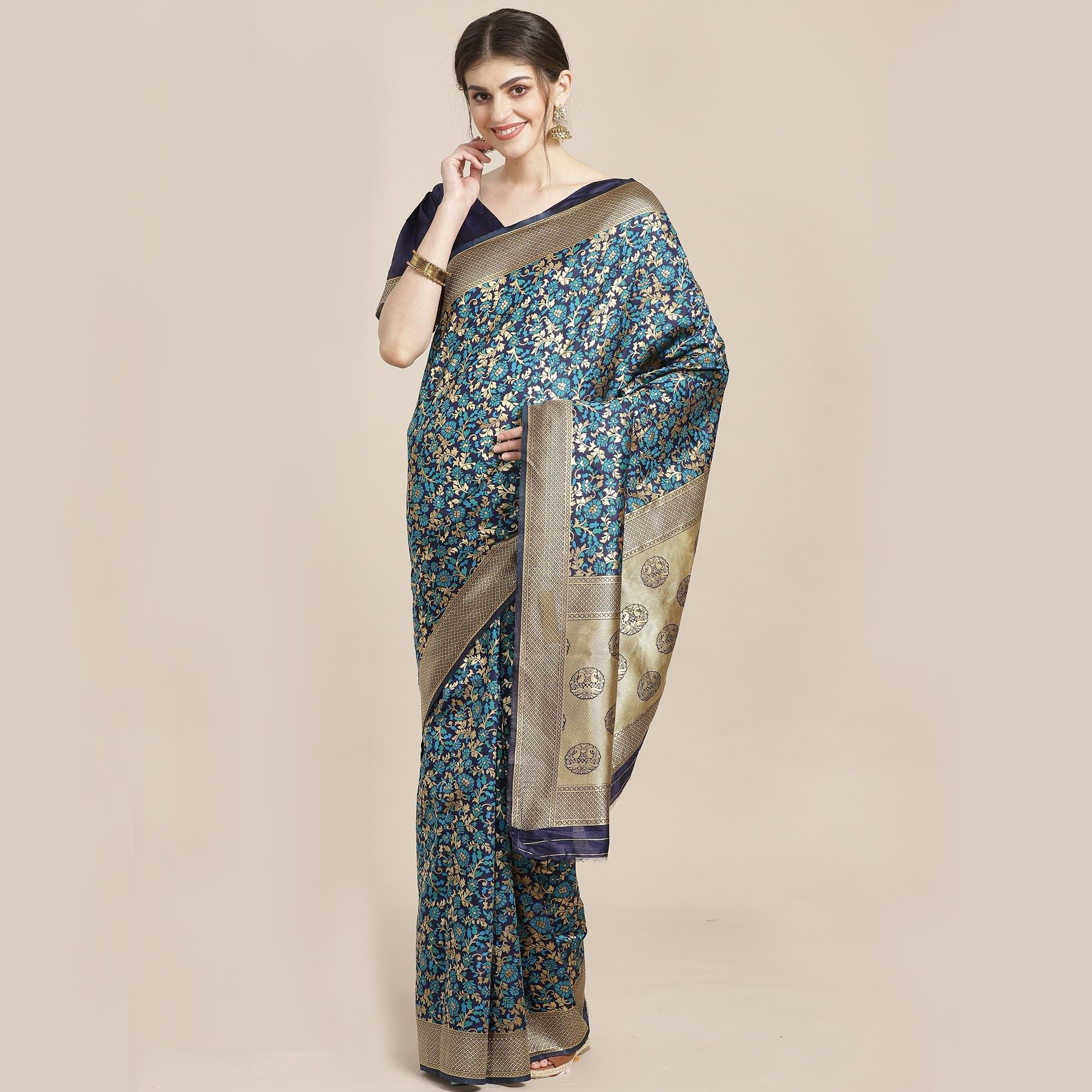 Eye-catching Blue Colored Festive Wear Woven Silk Blend Saree - Peachmode