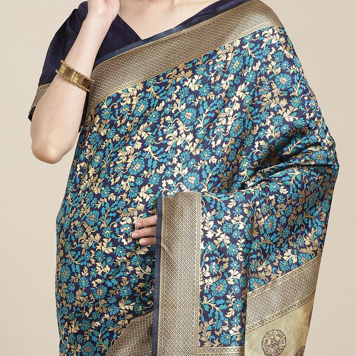 Eye-catching Blue Colored Festive Wear Woven Silk Blend Saree - Peachmode