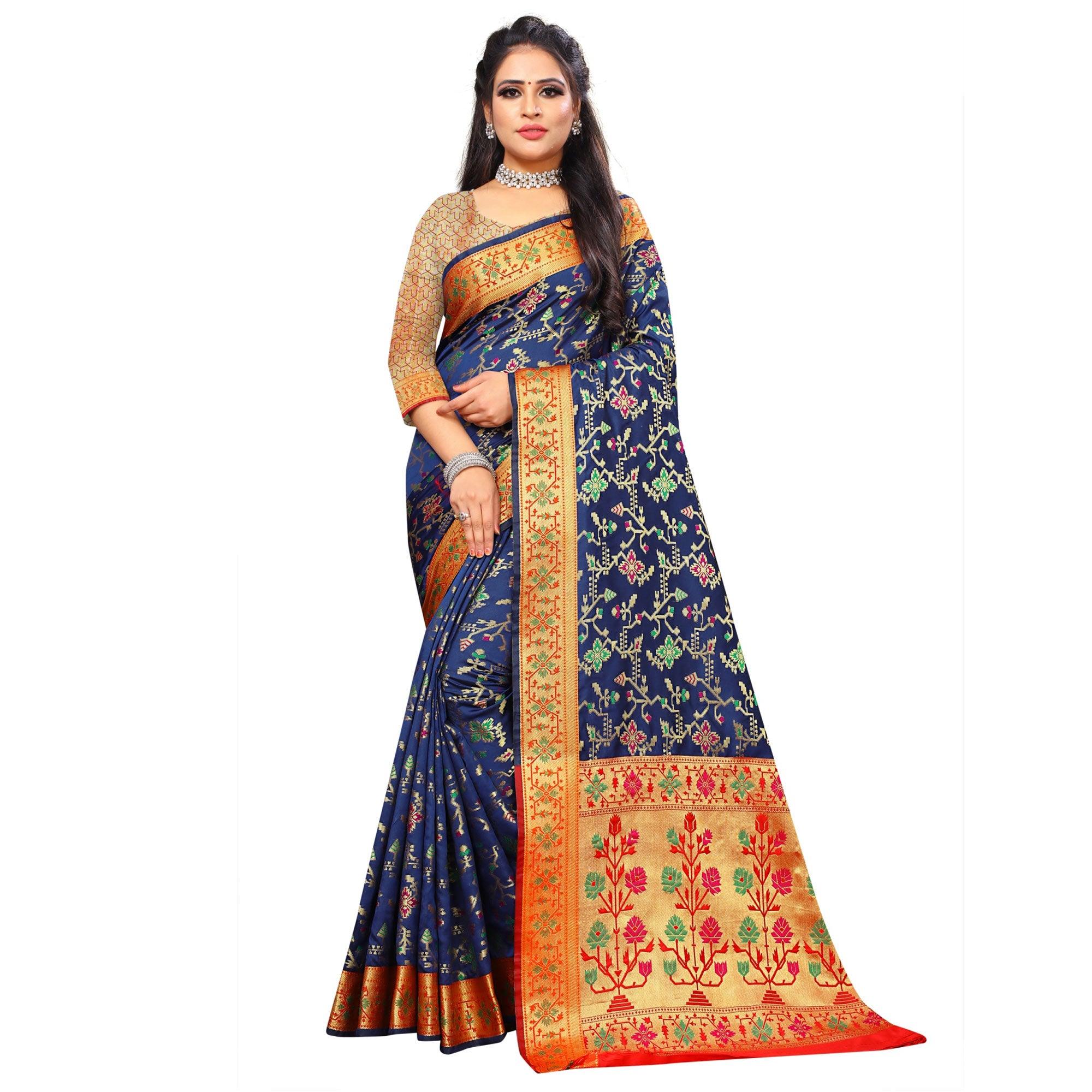 Eye-catching Blue Colored Festive Wear Woven Silk Saree - Peachmode