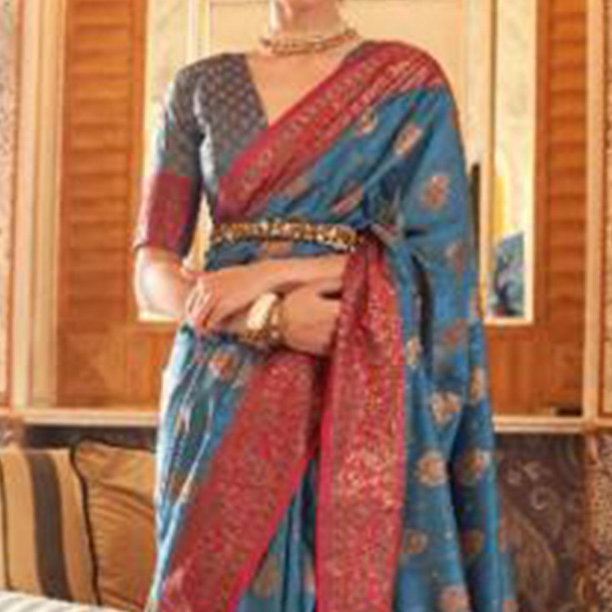 Eye-catching Blue Colored Festive Wear Woven Silk Saree - Peachmode