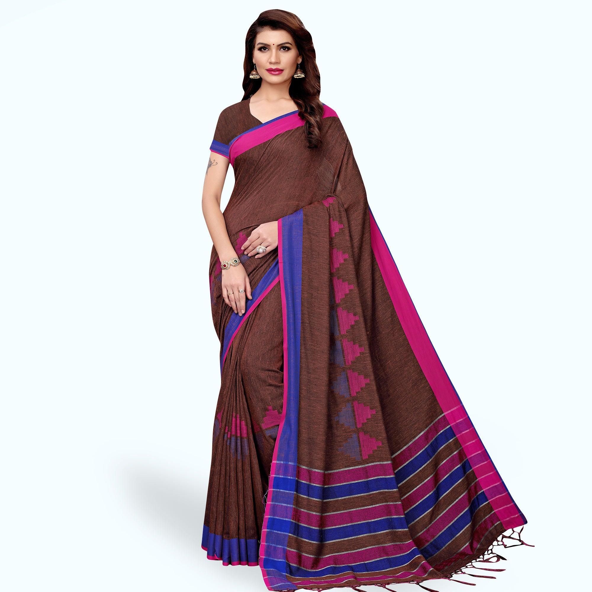 Eye-catching Brown Colored Casual Printed Wear Linen Saree - Peachmode