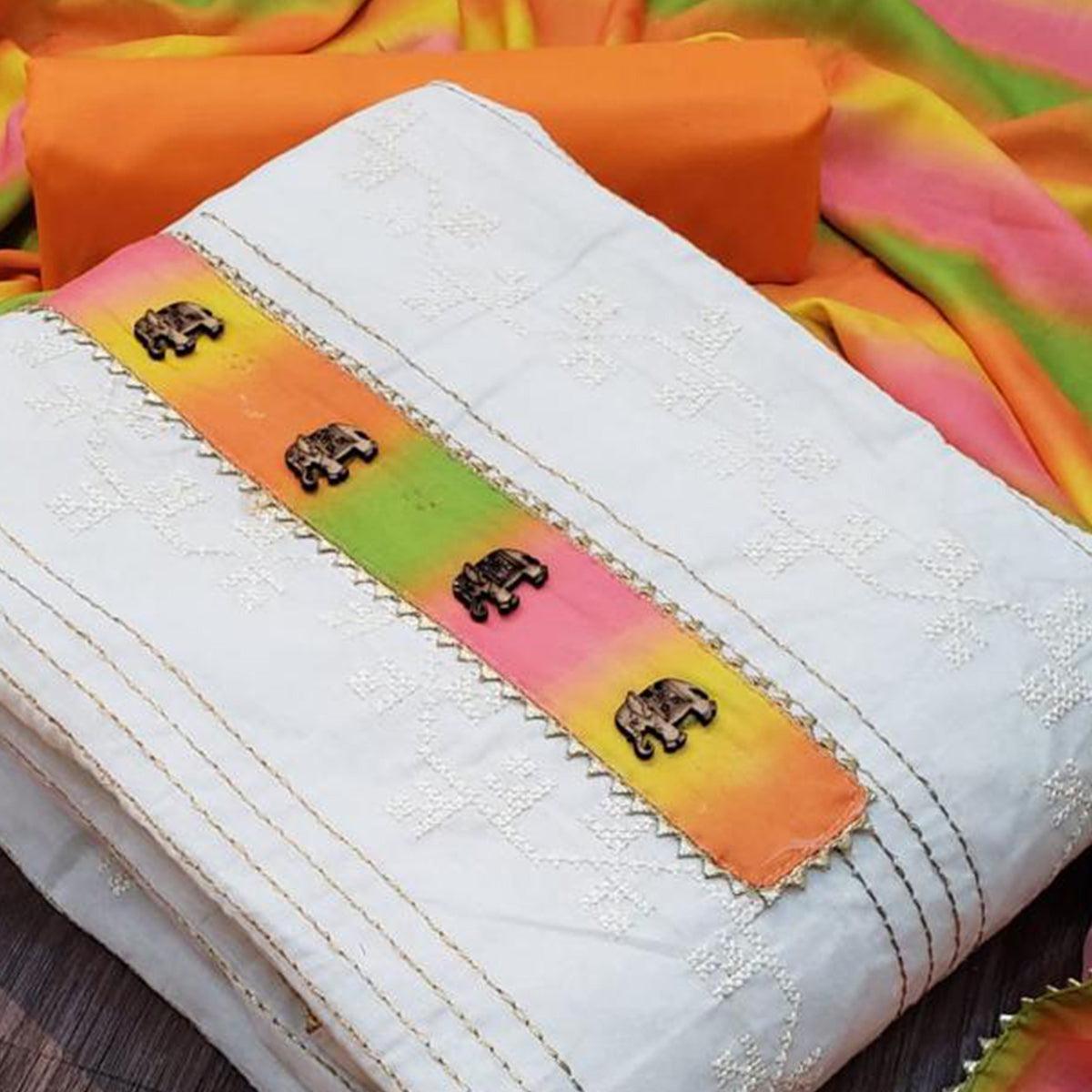 Eye-catching Cream - Orange Colored Casual Wear Embroidered Modal Chanderi Dress Material - Peachmode