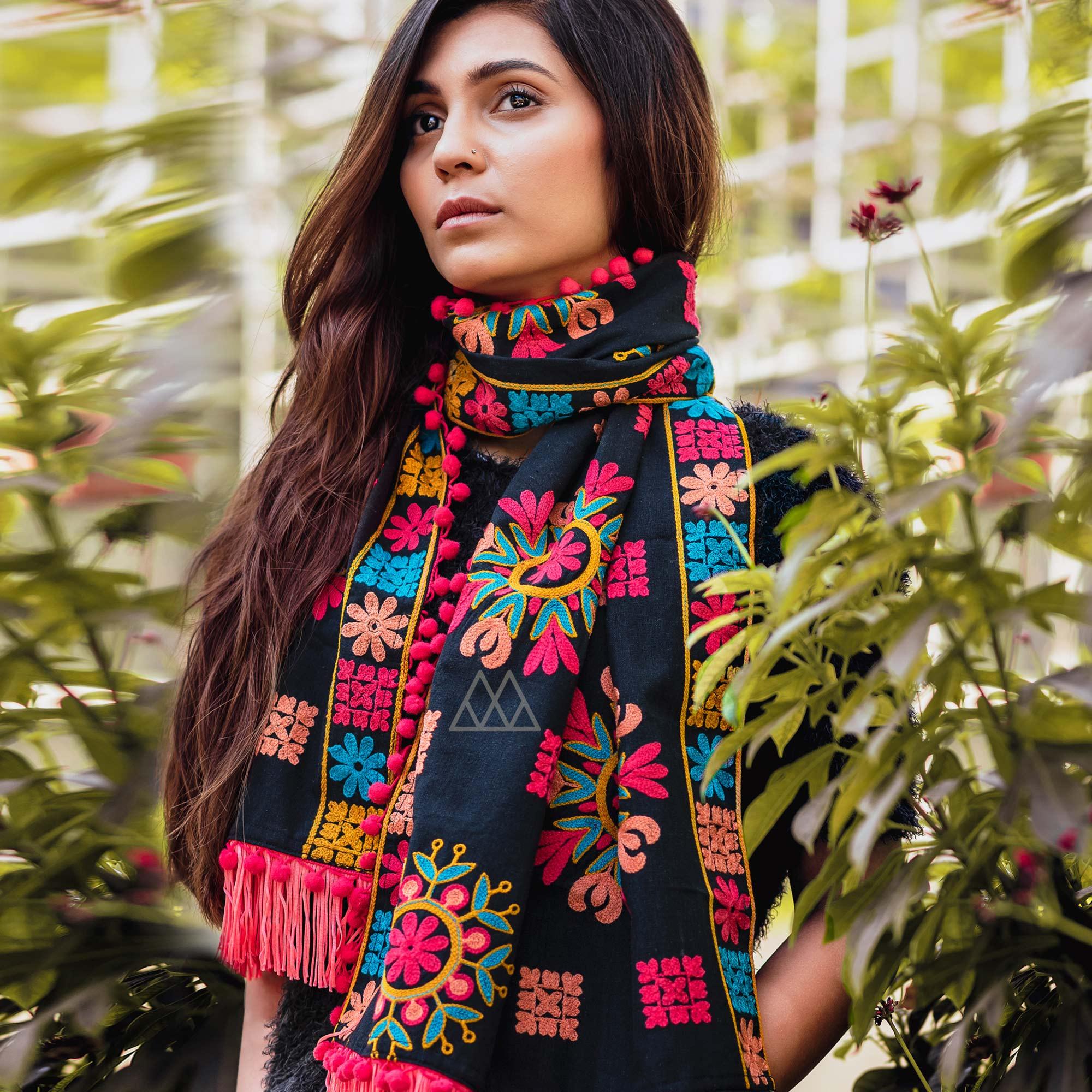 Eye-catching Dark Navy Blue Colored Embroidered Khadi Muffler Stole - Peachmode