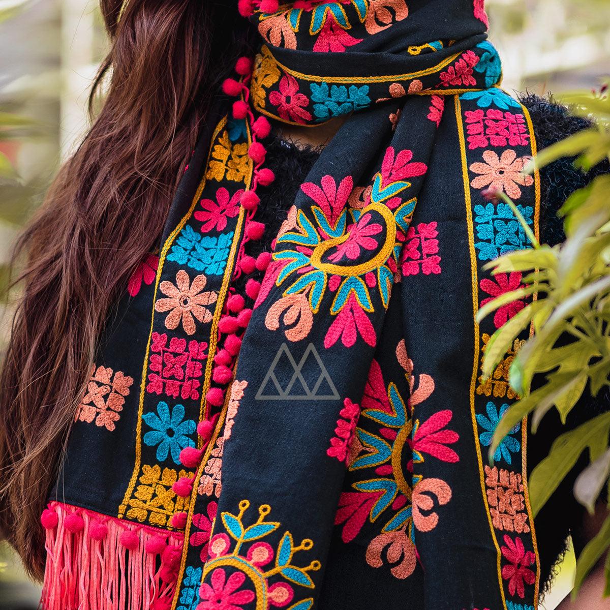 Eye-catching Dark Navy Blue Colored Embroidered Khadi Muffler Stole - Peachmode