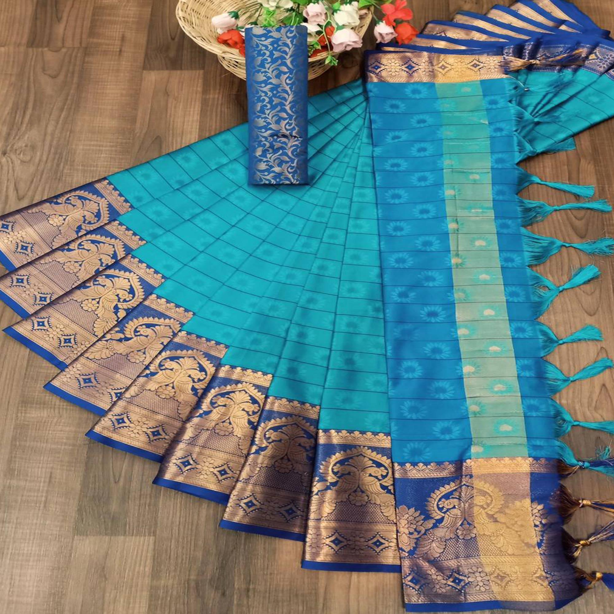 Eye-catching Firozi Colored Festive Wear Woven Cotton Silk Saree - Peachmode