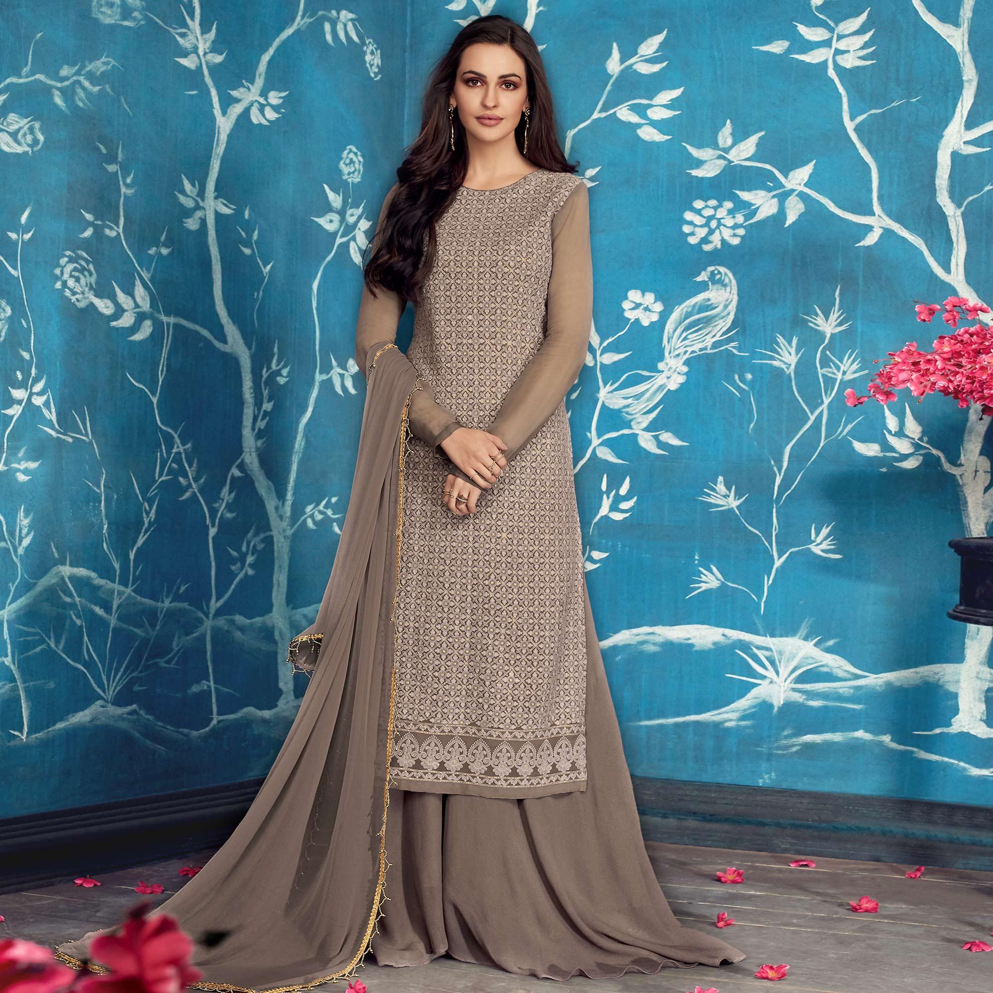 Eye-catching Gray Colored Partywear Embroidered Georgette Palazzo Suit - Peachmode