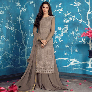 Eye-catching Gray Colored Partywear Embroidered Georgette Palazzo Suit - Peachmode