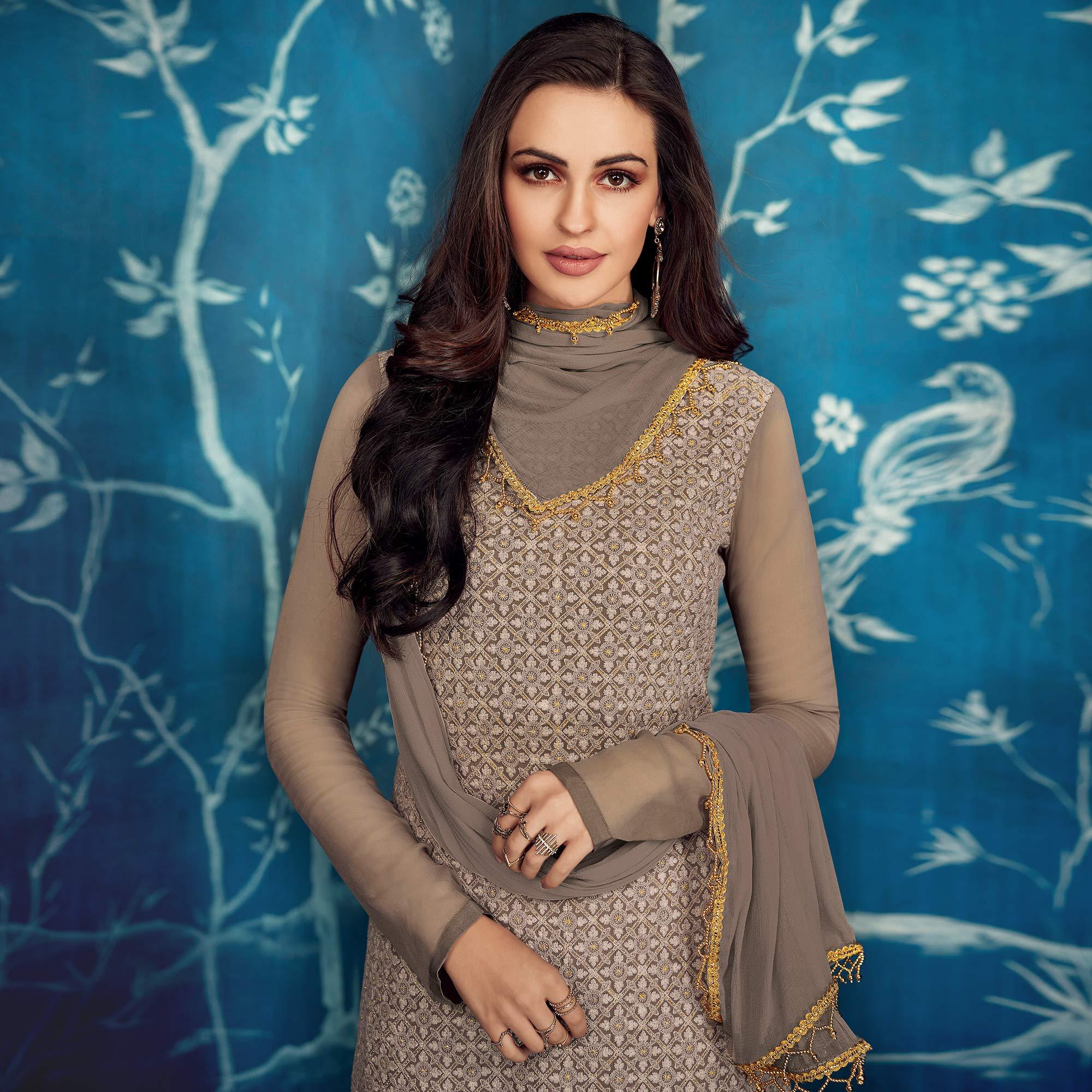 Eye-catching Gray Colored Partywear Embroidered Georgette Palazzo Suit - Peachmode