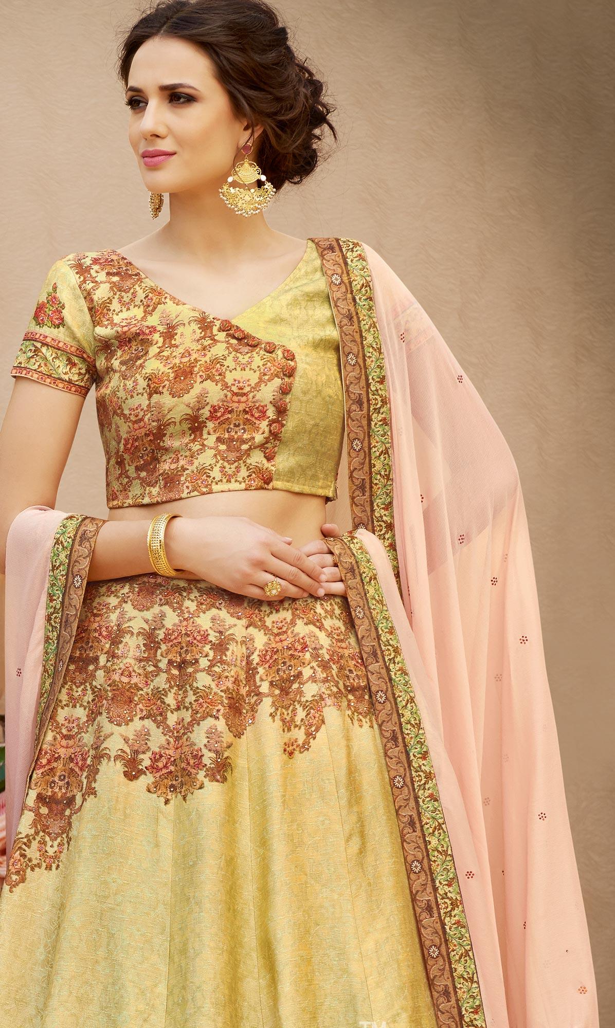 Eye-Catching Green Colored Designer Partywear Digital Printed Woven Banarasi Silk Lehenga Choli - Peachmode