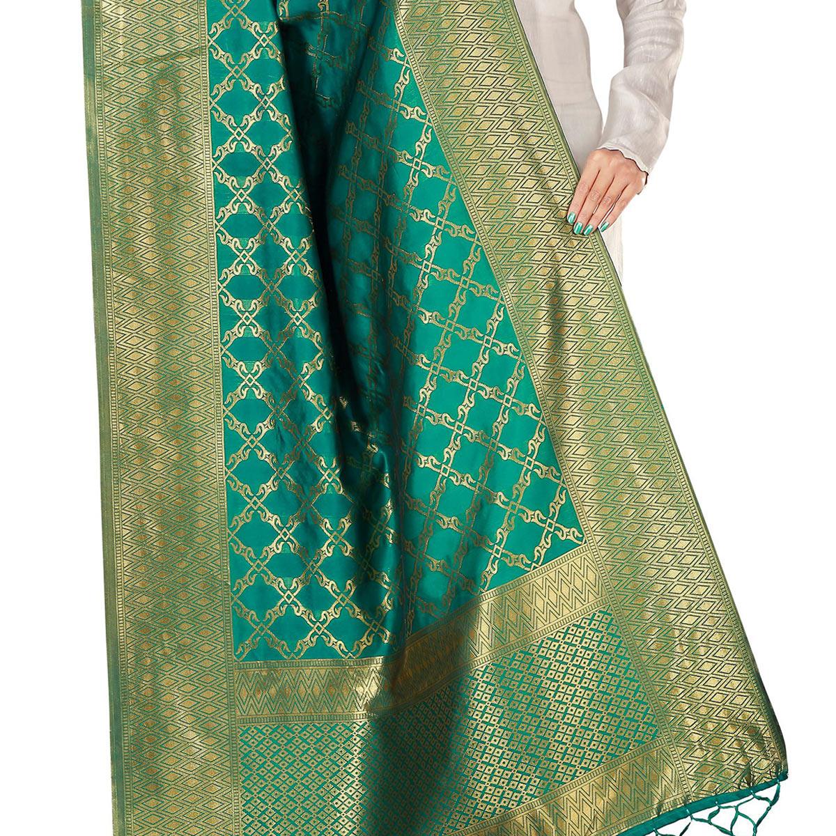 Eye-catching Green Colored Festive Wear Banarasi Silk Dupatta - Peachmode