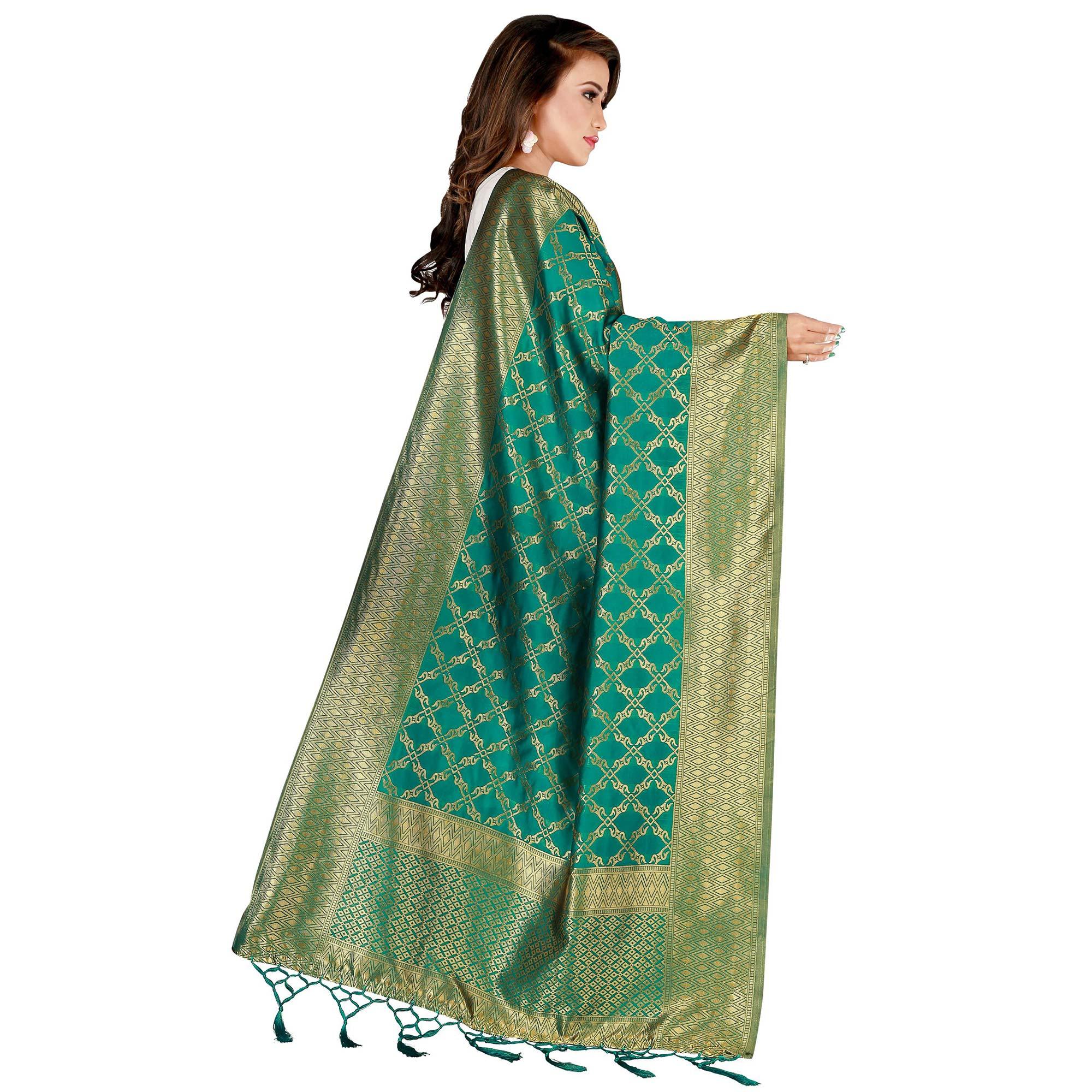 Eye-catching Green Colored Festive Wear Banarasi Silk Dupatta - Peachmode