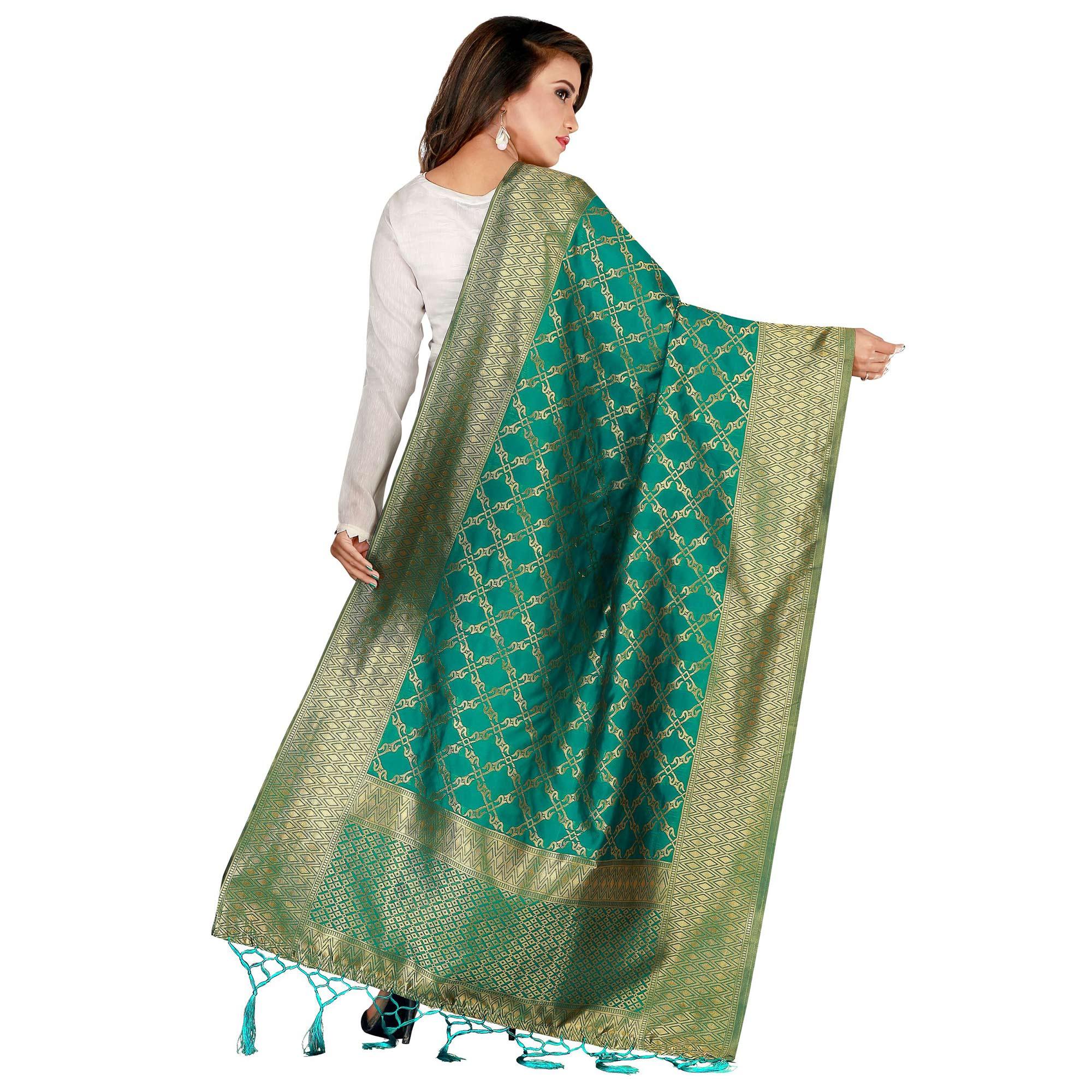 Eye-catching Green Colored Festive Wear Banarasi Silk Dupatta - Peachmode