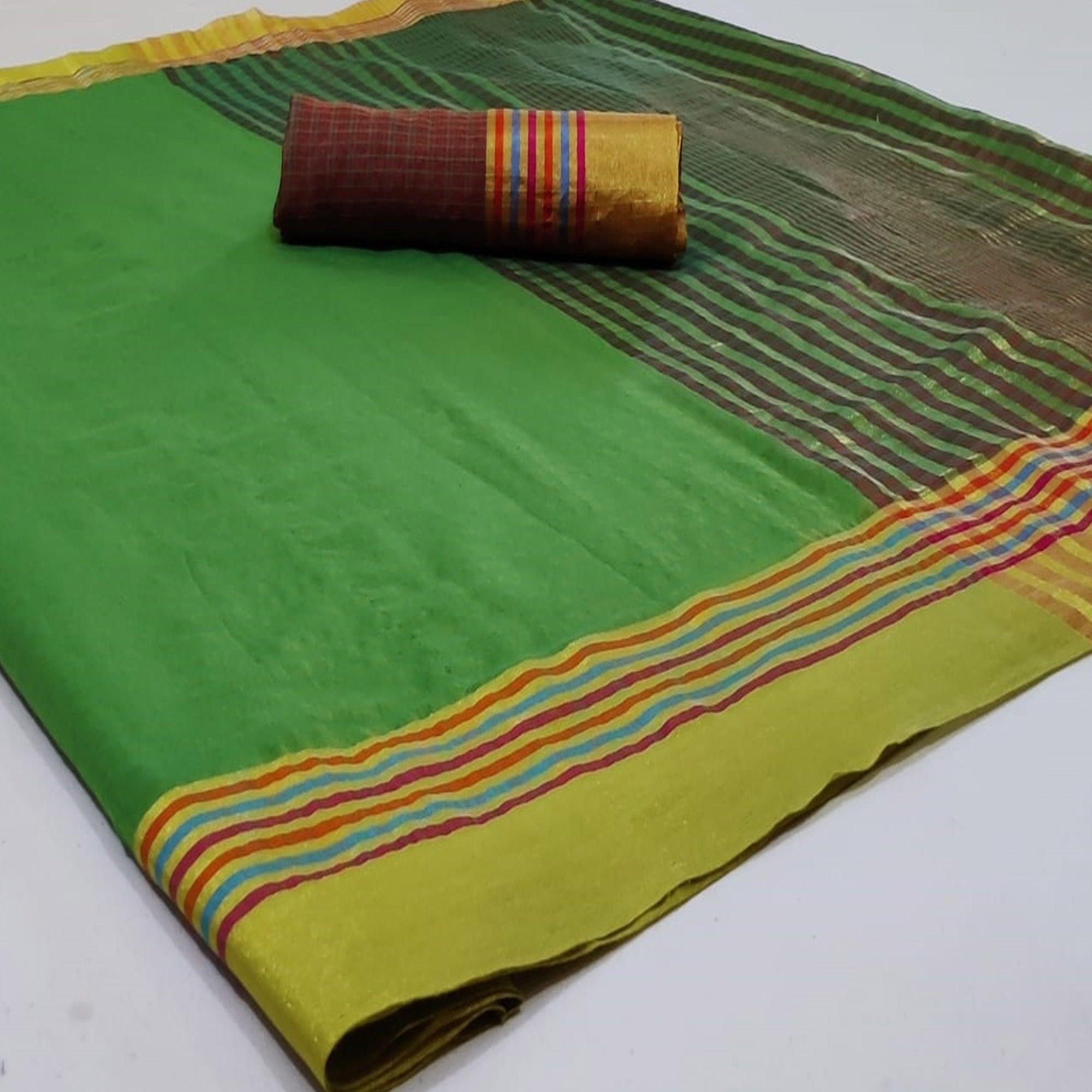 Eye-catching Green Colored Festive Wear Woven Cotton Saree - Peachmode