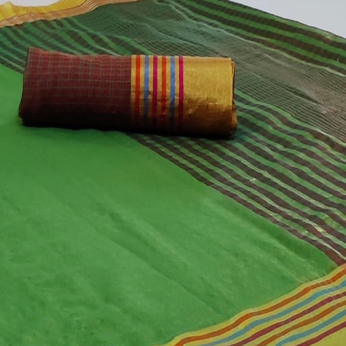 Eye-catching Green Colored Festive Wear Woven Cotton Saree - Peachmode