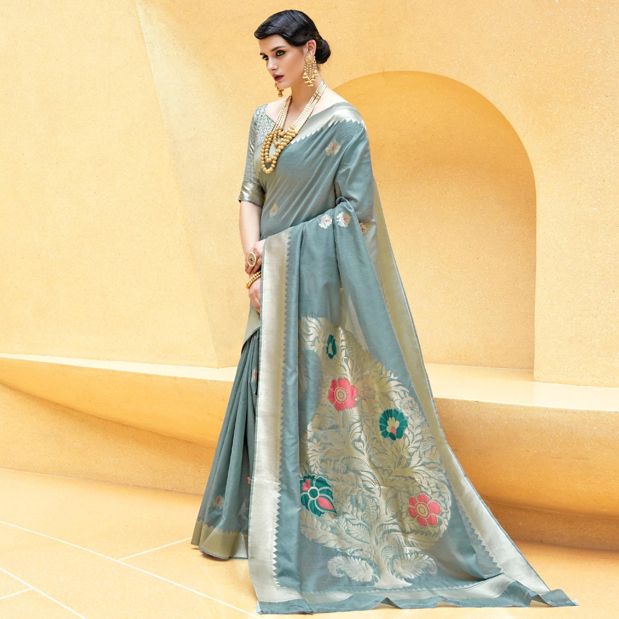 Eye-catching Grey Colored Festive Wear Printed Silk Saree - Peachmode