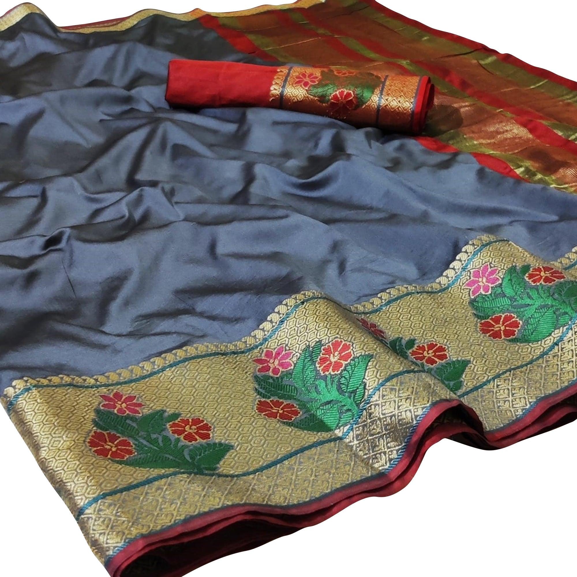 Eye-catching Grey Colored Festive Wear Woven Silk Saree - Peachmode