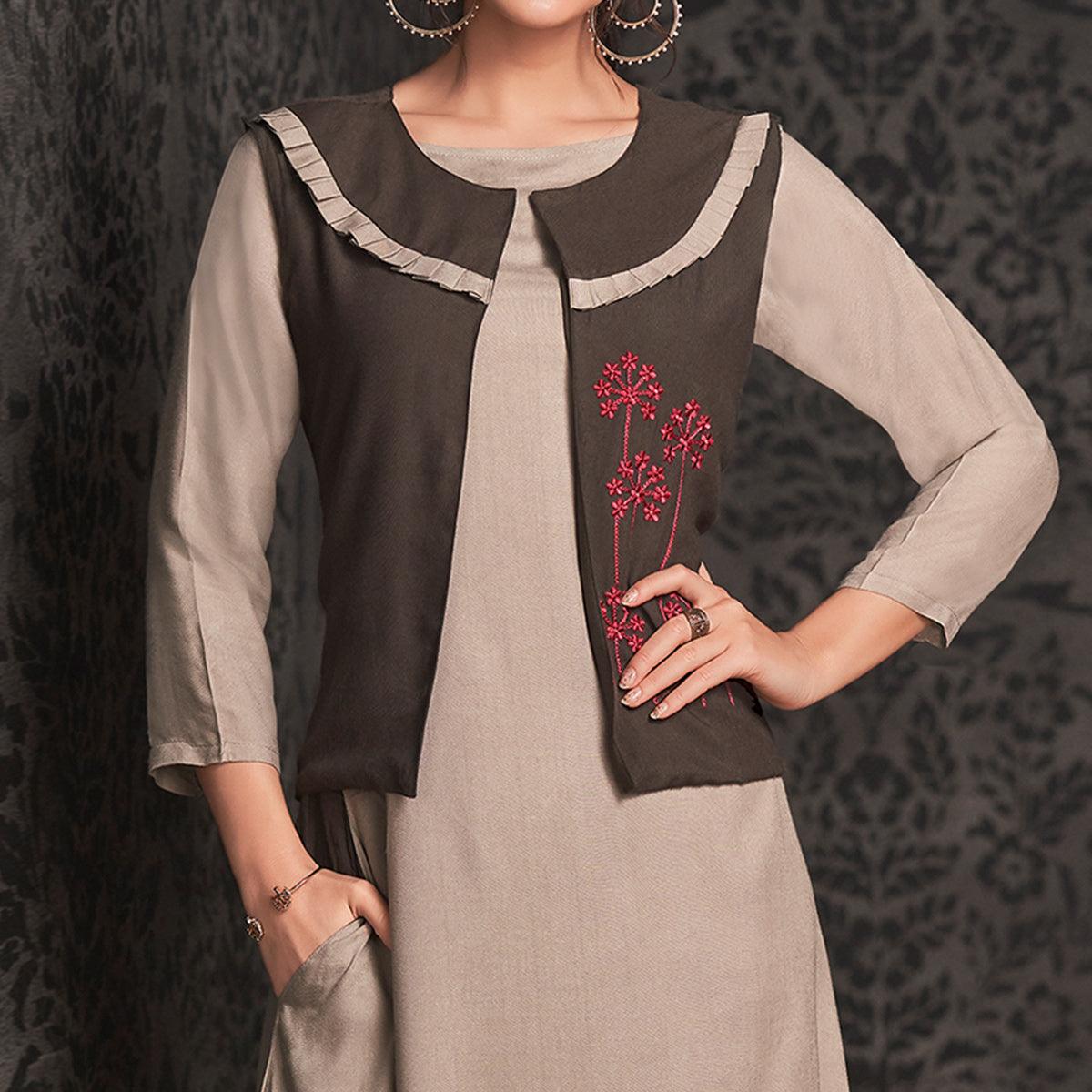 Eye-catching Light Gray Colored Partywear Embroidered Rayon Long Kurti With Koti - Peachmode