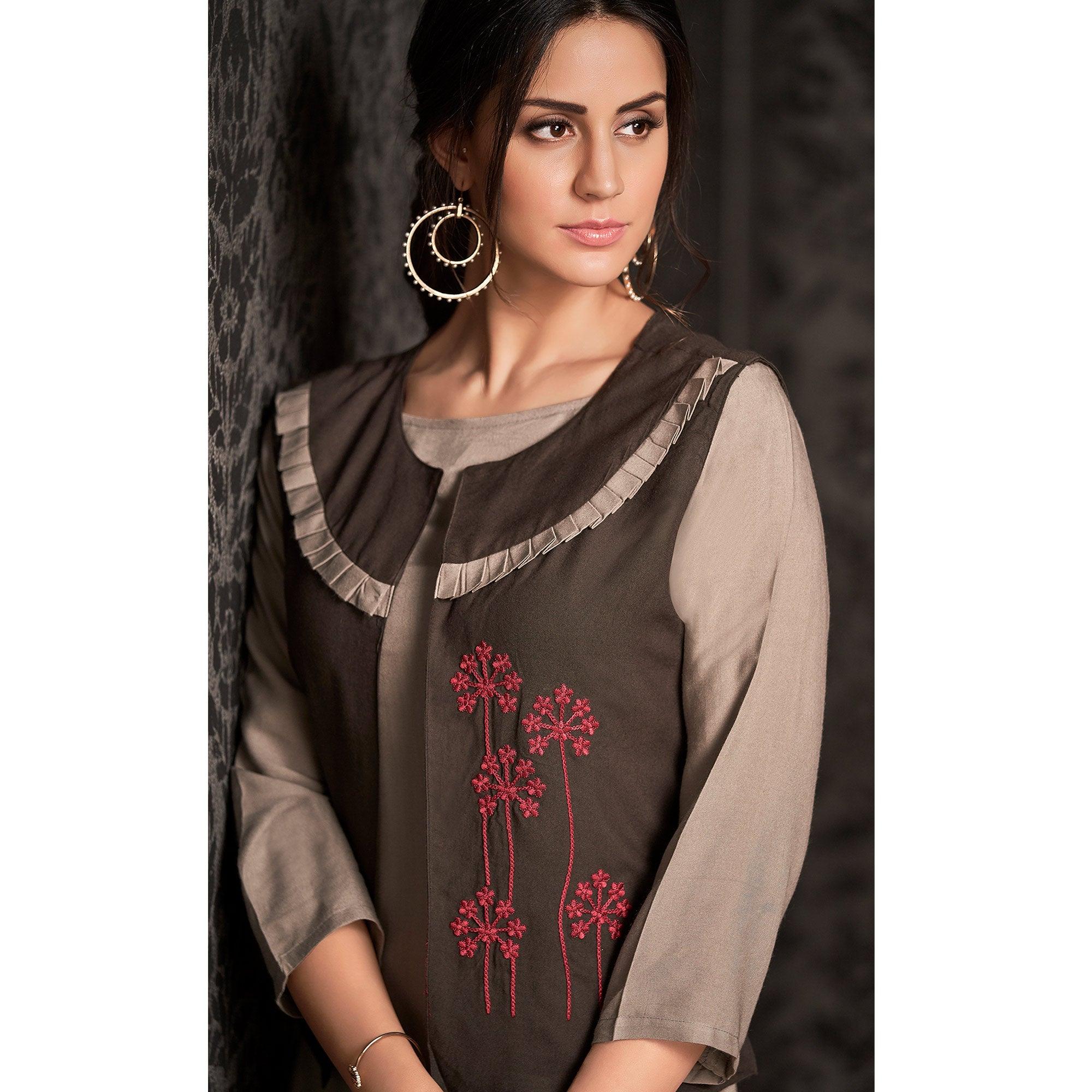 Eye-catching Light Gray Colored Partywear Embroidered Rayon Long Kurti With Koti - Peachmode