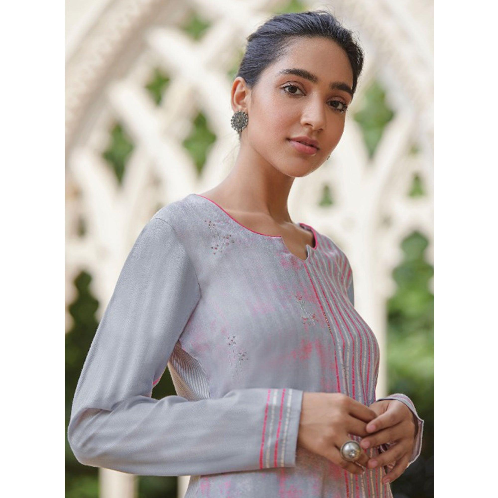 Eye-catching Light Grey Colored Casual Wear Digital Printed Cotton Satin Palazzo Suit - Peachmode