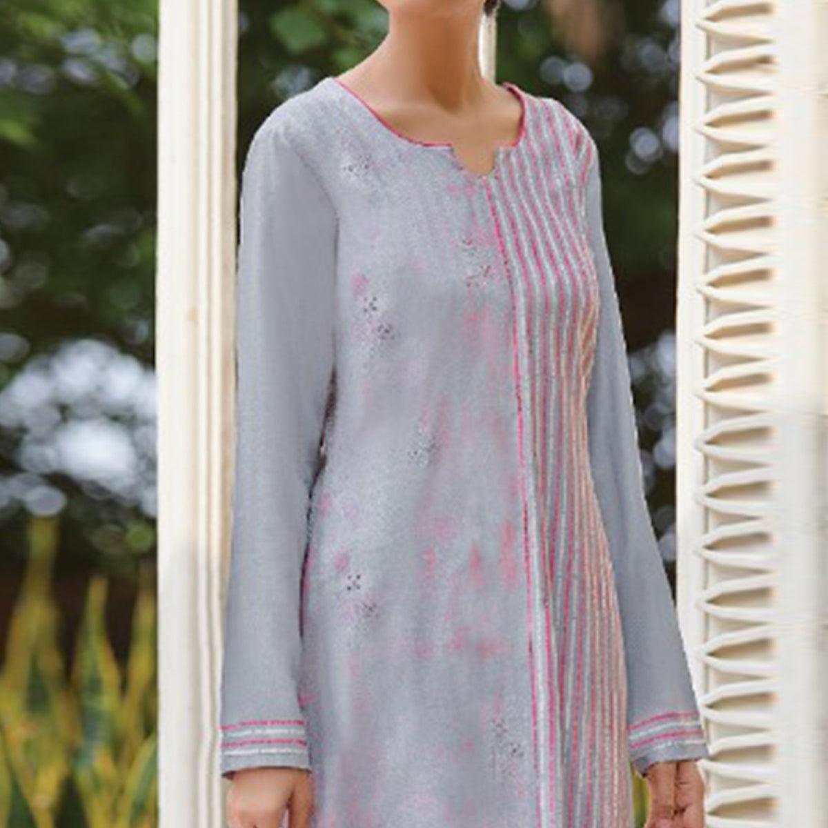 Eye-catching Light Grey Colored Casual Wear Digital Printed Cotton Satin Palazzo Suit - Peachmode
