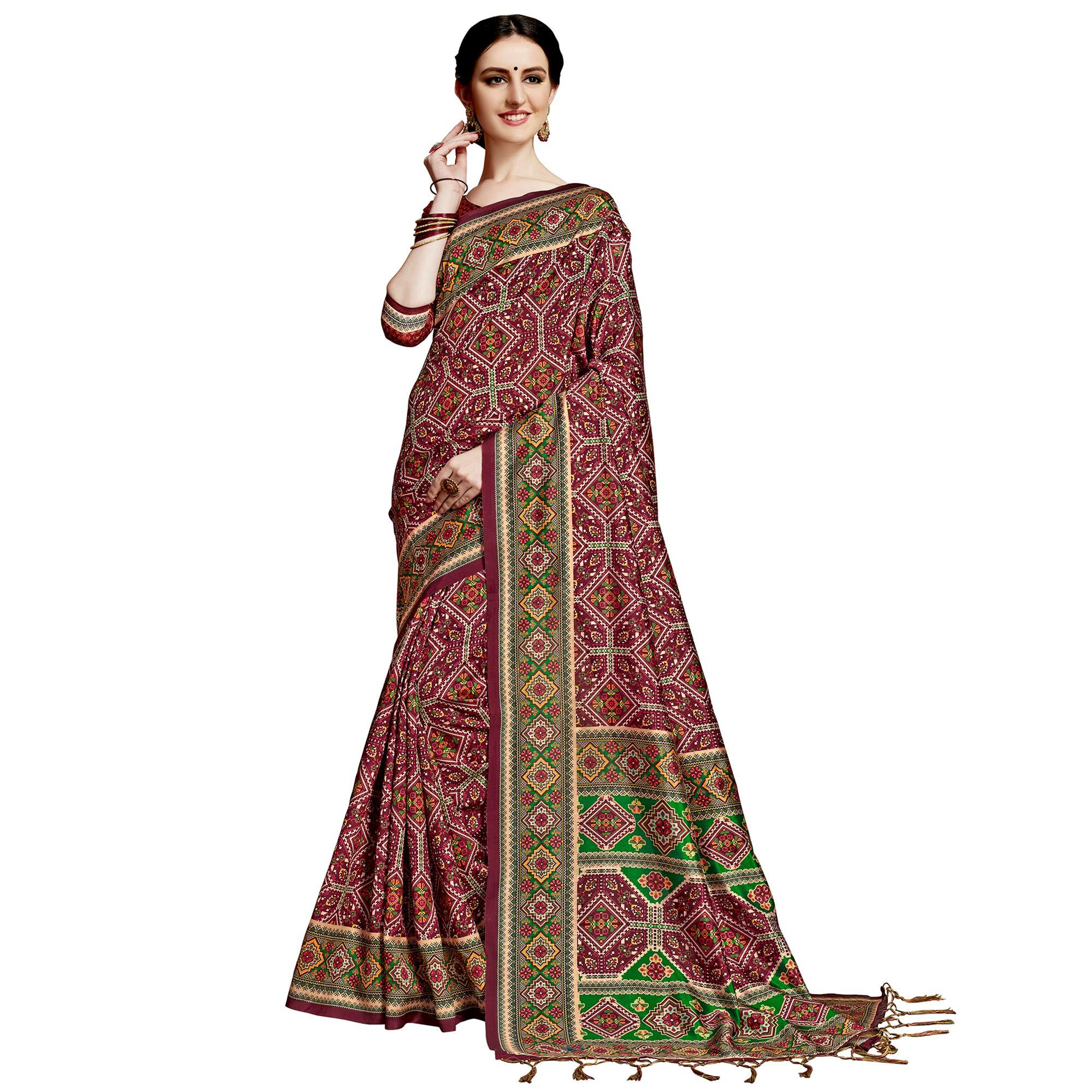 Eye-catching Maroon Colored Festive Wear Printed Silk Saree - Peachmode