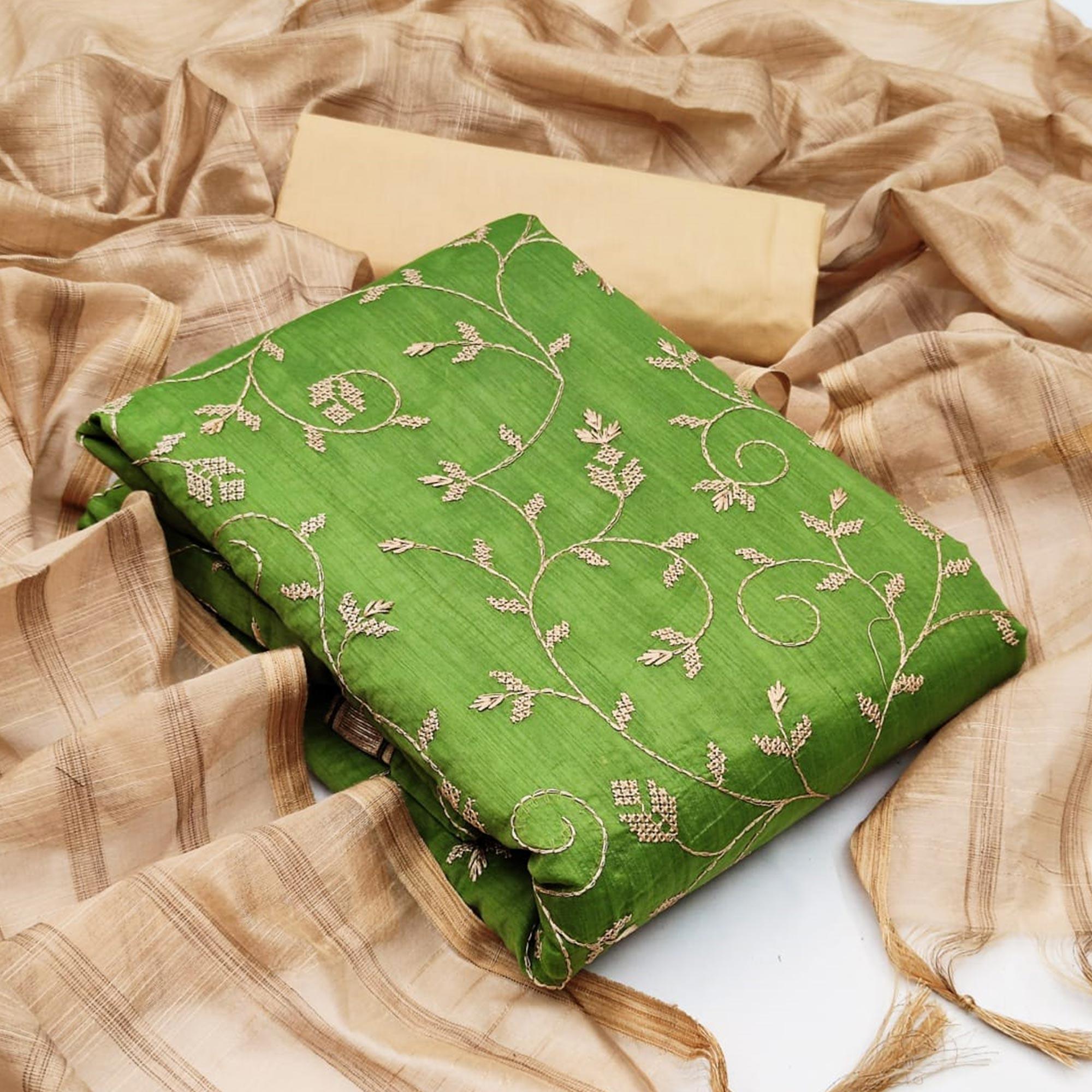 Eye-catching Mehendi Green Colored Casual Wear Embroidered Chanderi Dress Material - Peachmode