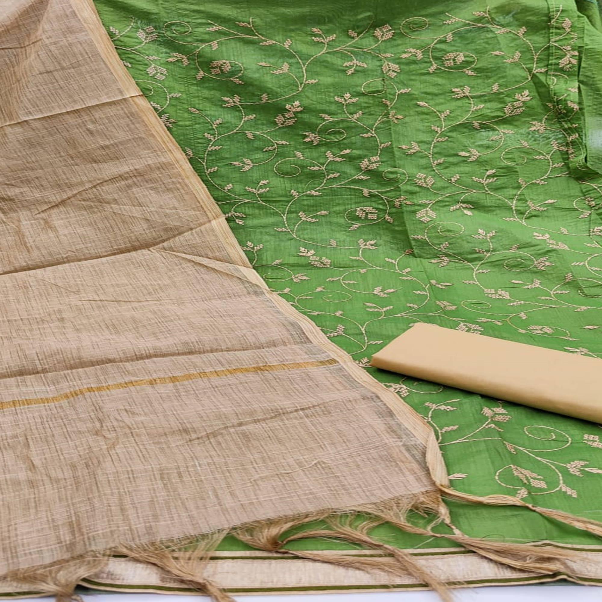 Eye-catching Mehendi Green Colored Casual Wear Embroidered Chanderi Dress Material - Peachmode