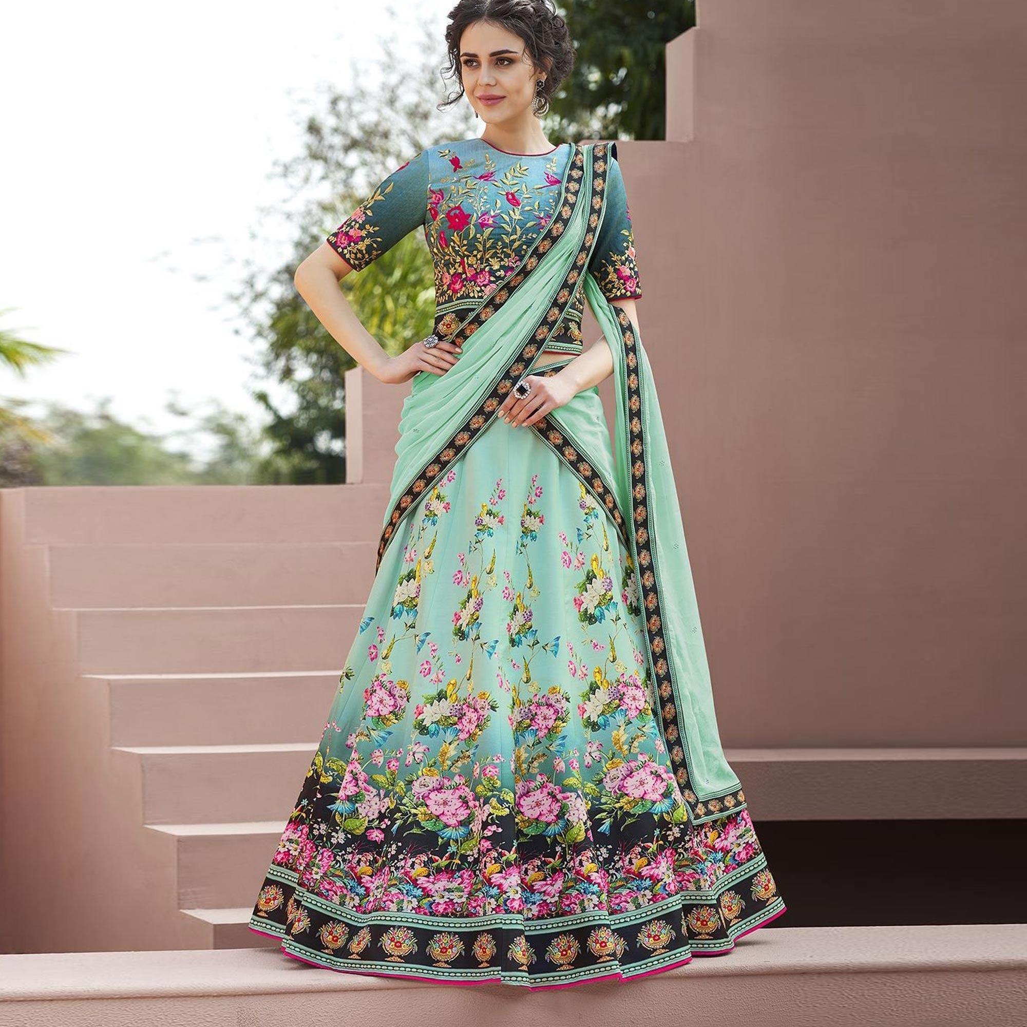Eye-Catching Mint Green Colored Designer Partywear Embroidered Silk Lehenga Choli - Peachmode