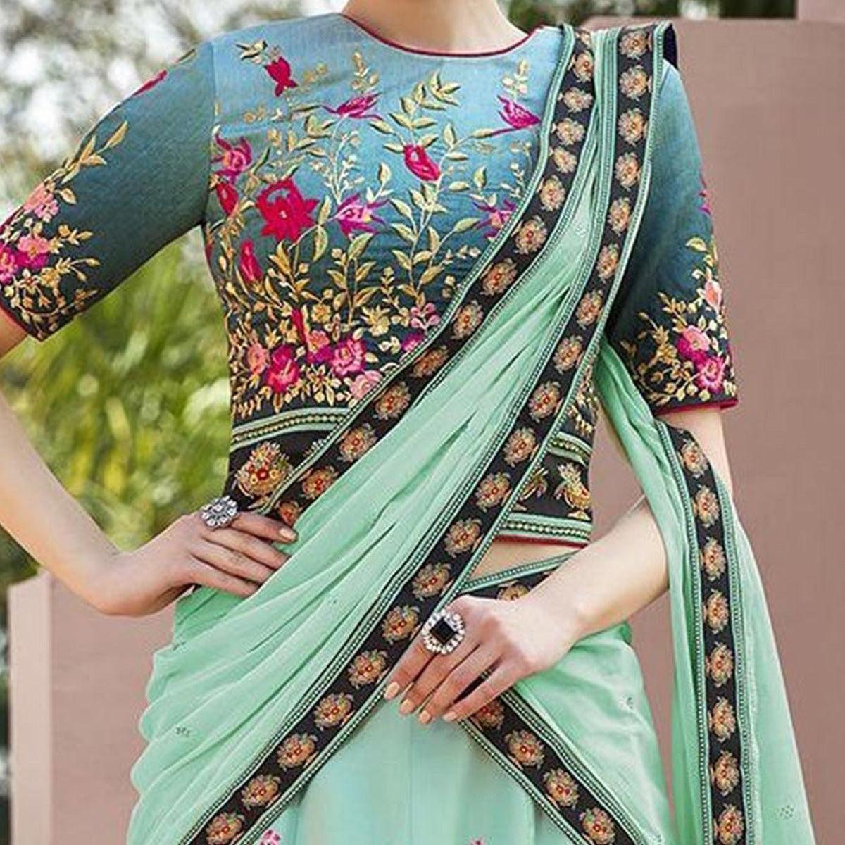 Eye-Catching Mint Green Colored Designer Partywear Embroidered Silk Lehenga Choli - Peachmode