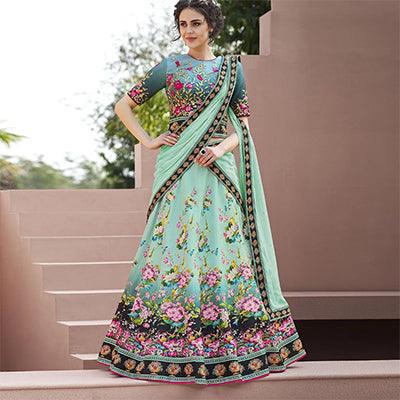 Eye-Catching Mint Green Colored Designer Partywear Embroidered Silk Lehenga Choli - Peachmode
